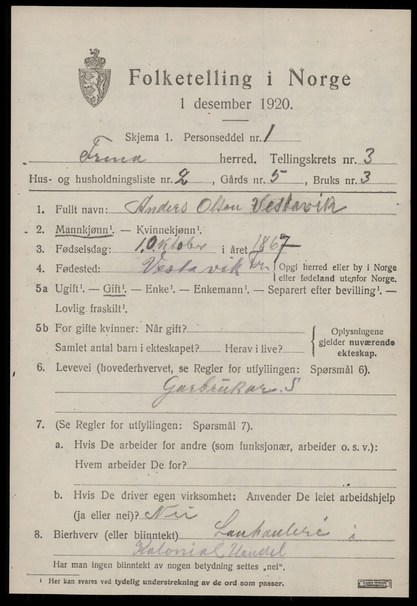 SAT, 1920 census for Fræna, 1920, p. 2325