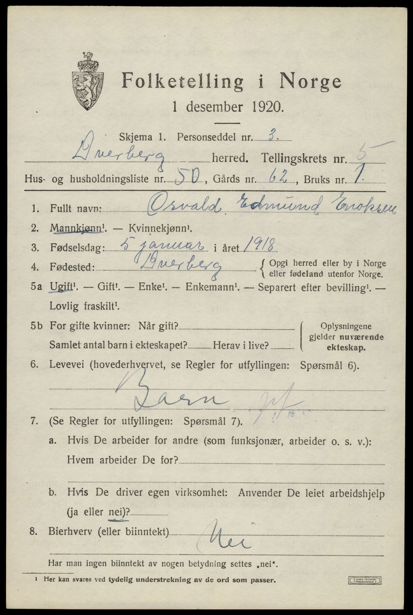 SAT, 1920 census for Dverberg, 1920, p. 6390