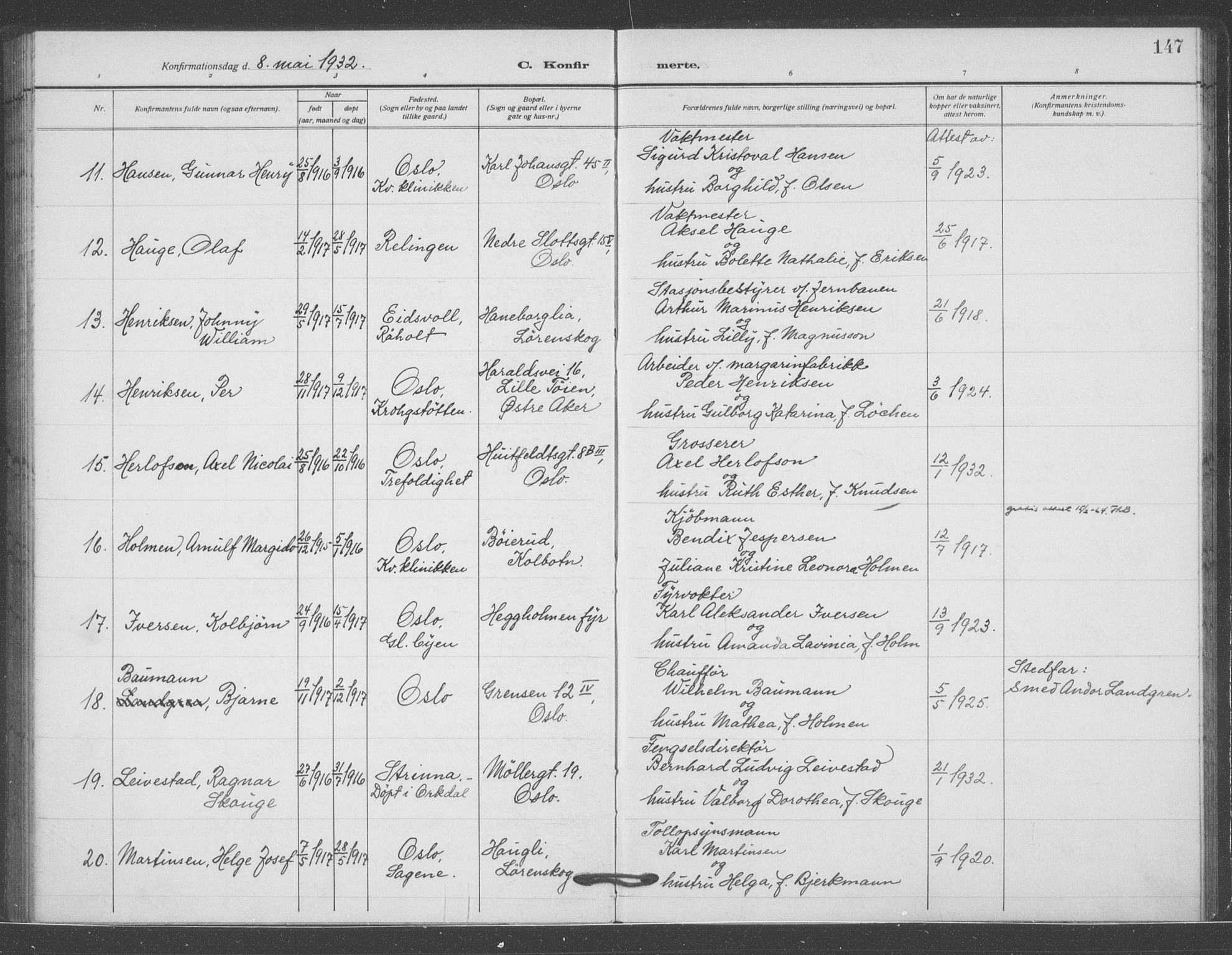 Oslo domkirke Kirkebøker, AV/SAO-A-10752/F/Fa/L0031: Parish register (official) no. 31, 1918-1941, p. 147