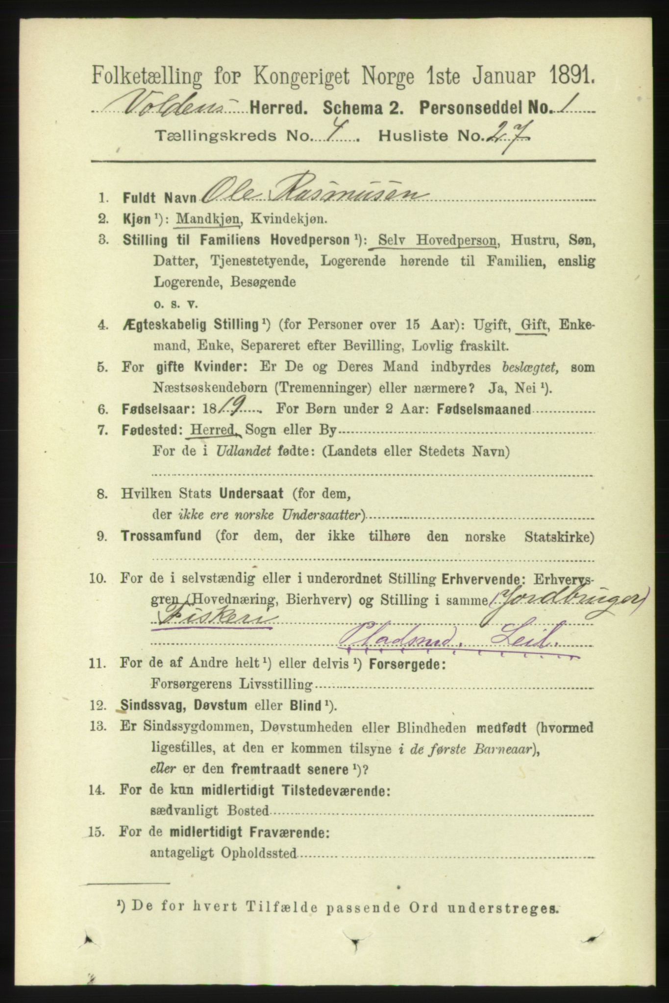 RA, 1891 census for 1519 Volda, 1891, p. 2140