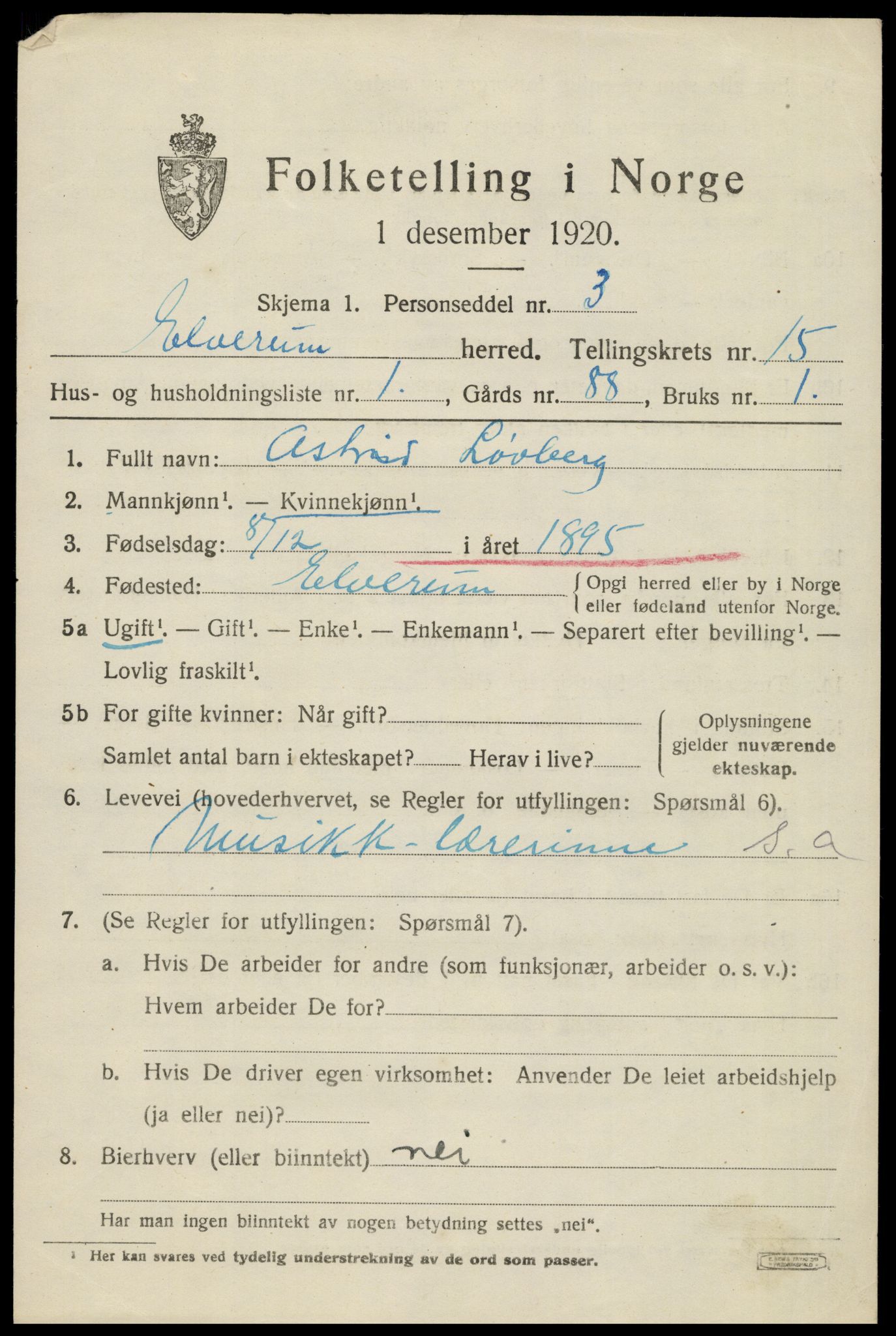 SAH, 1920 census for Elverum, 1920, p. 19270