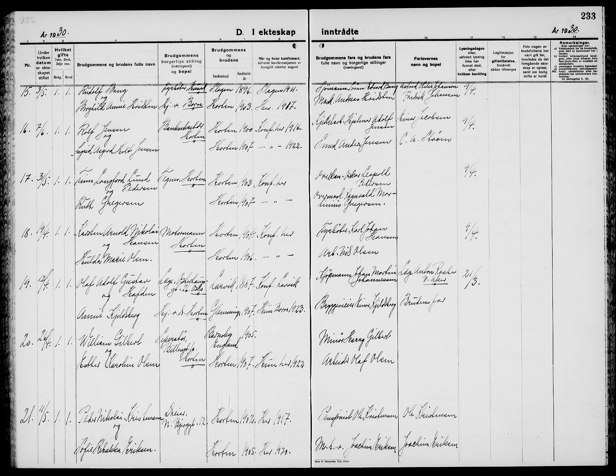 Horten kirkebøker, AV/SAKO-A-348/G/Ga/L0009: Parish register (copy) no. 9, 1926-1936, p. 233