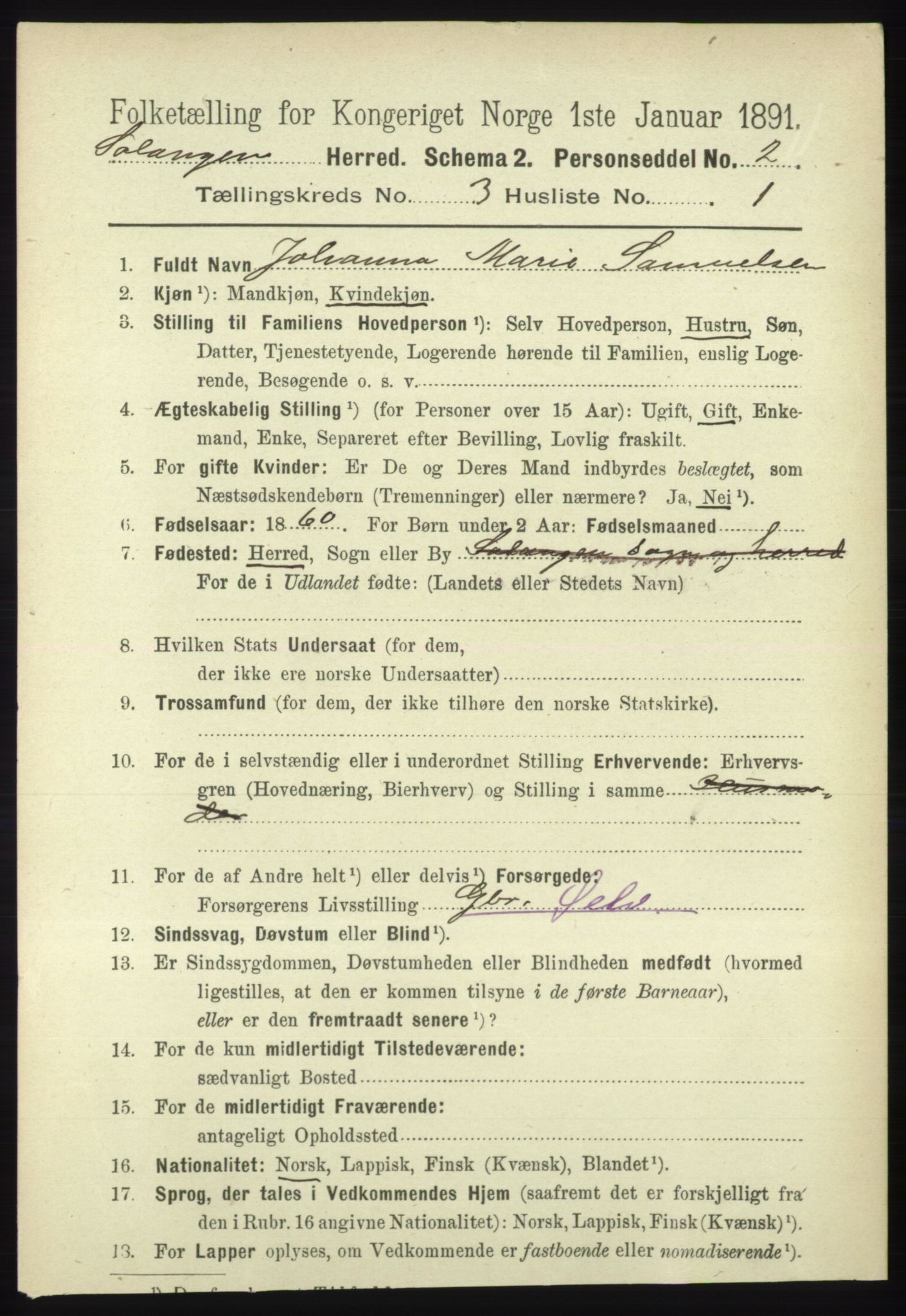 RA, 1891 census for 1921 Salangen, 1891, p. 1230