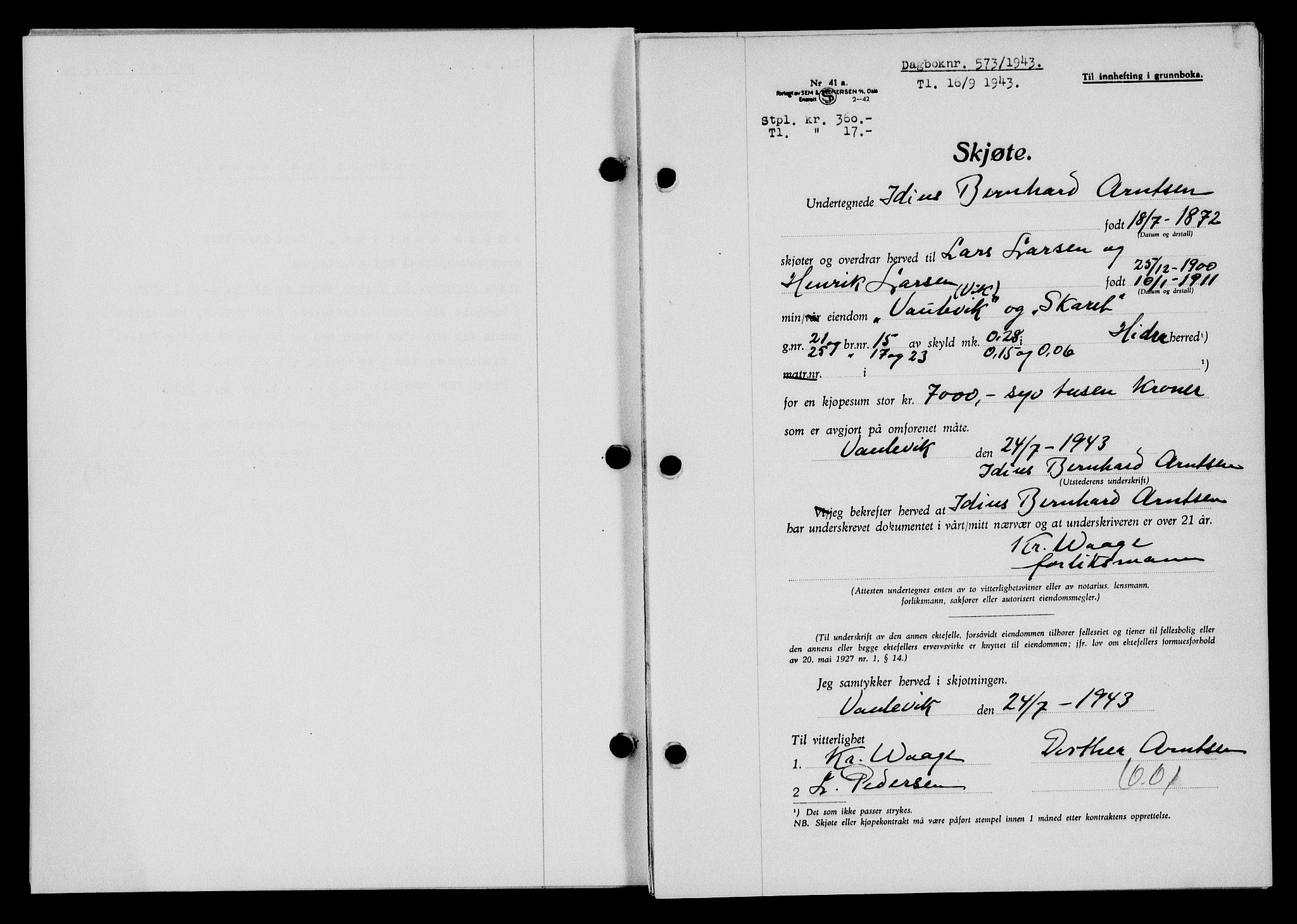 Flekkefjord sorenskriveri, SAK/1221-0001/G/Gb/Gba/L0058: Mortgage book no. A-6, 1942-1944, Diary no: : 573/1943