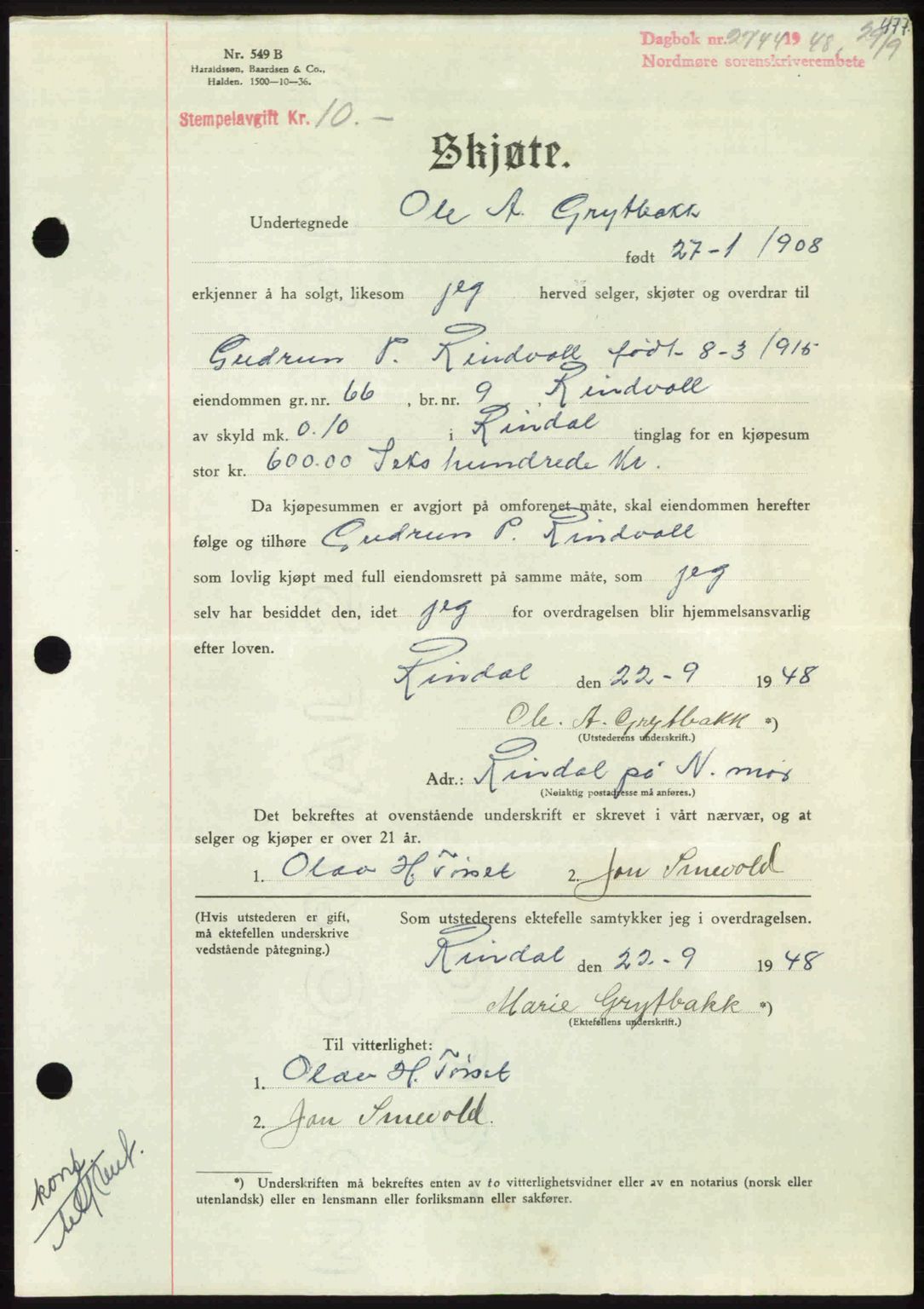 Nordmøre sorenskriveri, AV/SAT-A-4132/1/2/2Ca: Mortgage book no. A109, 1948-1948, Diary no: : 2744/1948