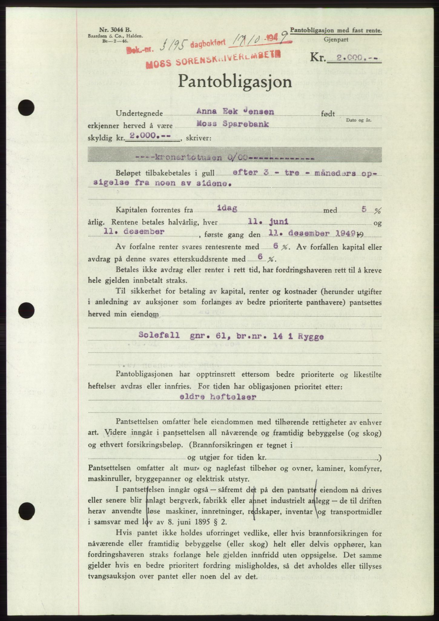Moss sorenskriveri, SAO/A-10168: Mortgage book no. B23, 1949-1950, Diary no: : 3195/1949
