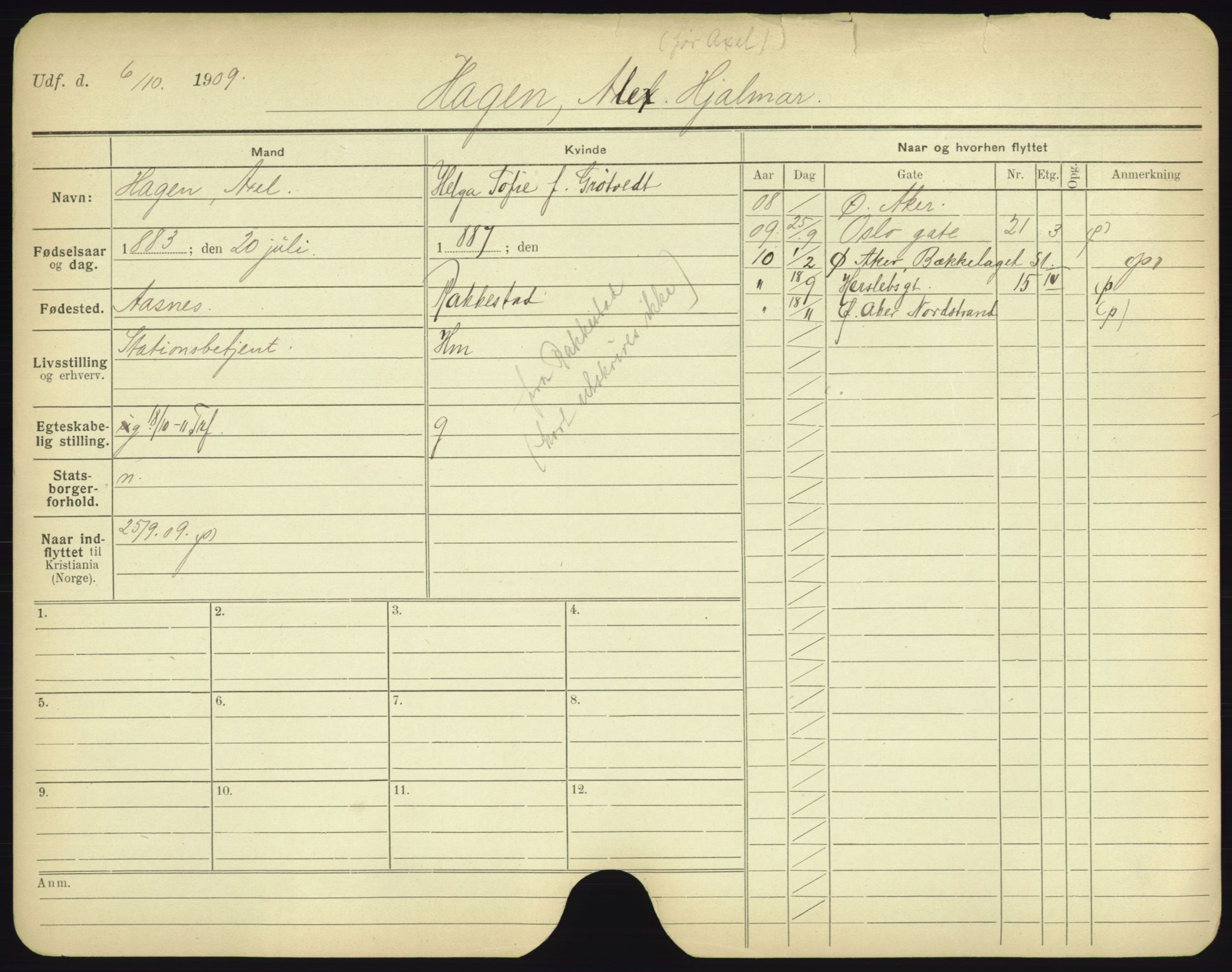 Oslo folkeregister, Registerkort, AV/SAO-A-11715/F/Fa/Fac/L0003: Menn, 1906-1914, p. 1000a