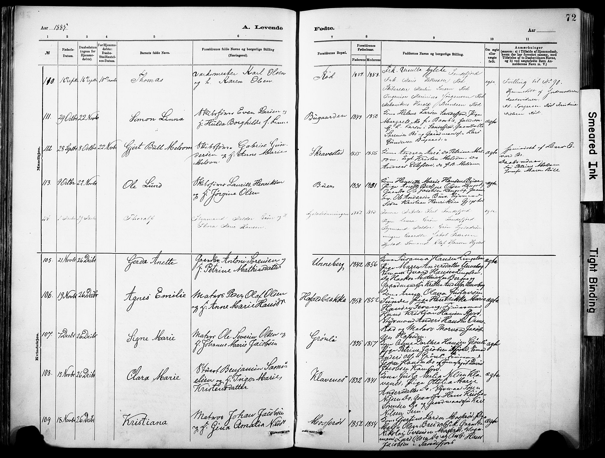 Sandar kirkebøker, SAKO/A-243/F/Fa/L0012: Parish register (official) no. 12, 1883-1895, p. 72