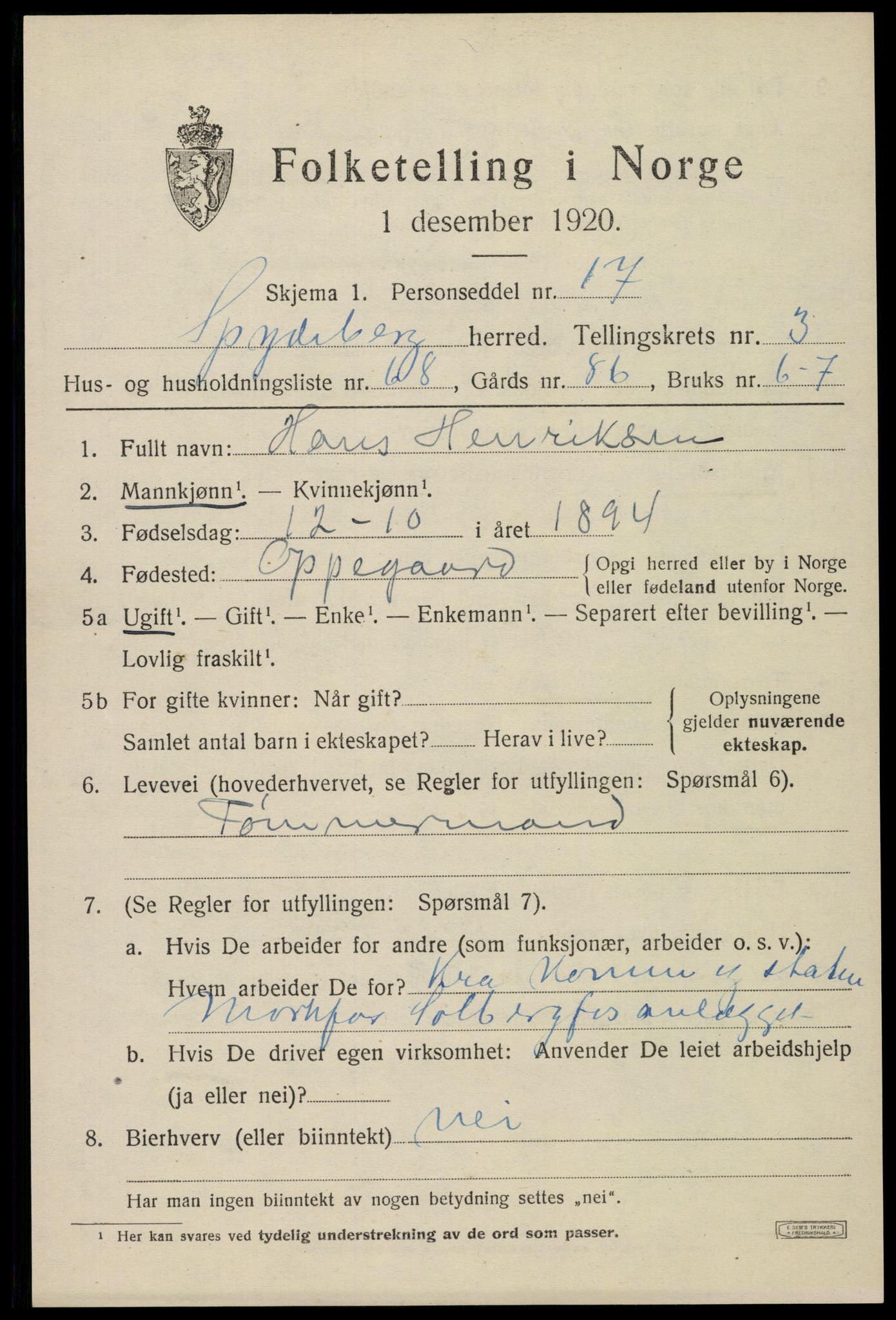 SAO, 1920 census for Spydeberg, 1920, p. 5117