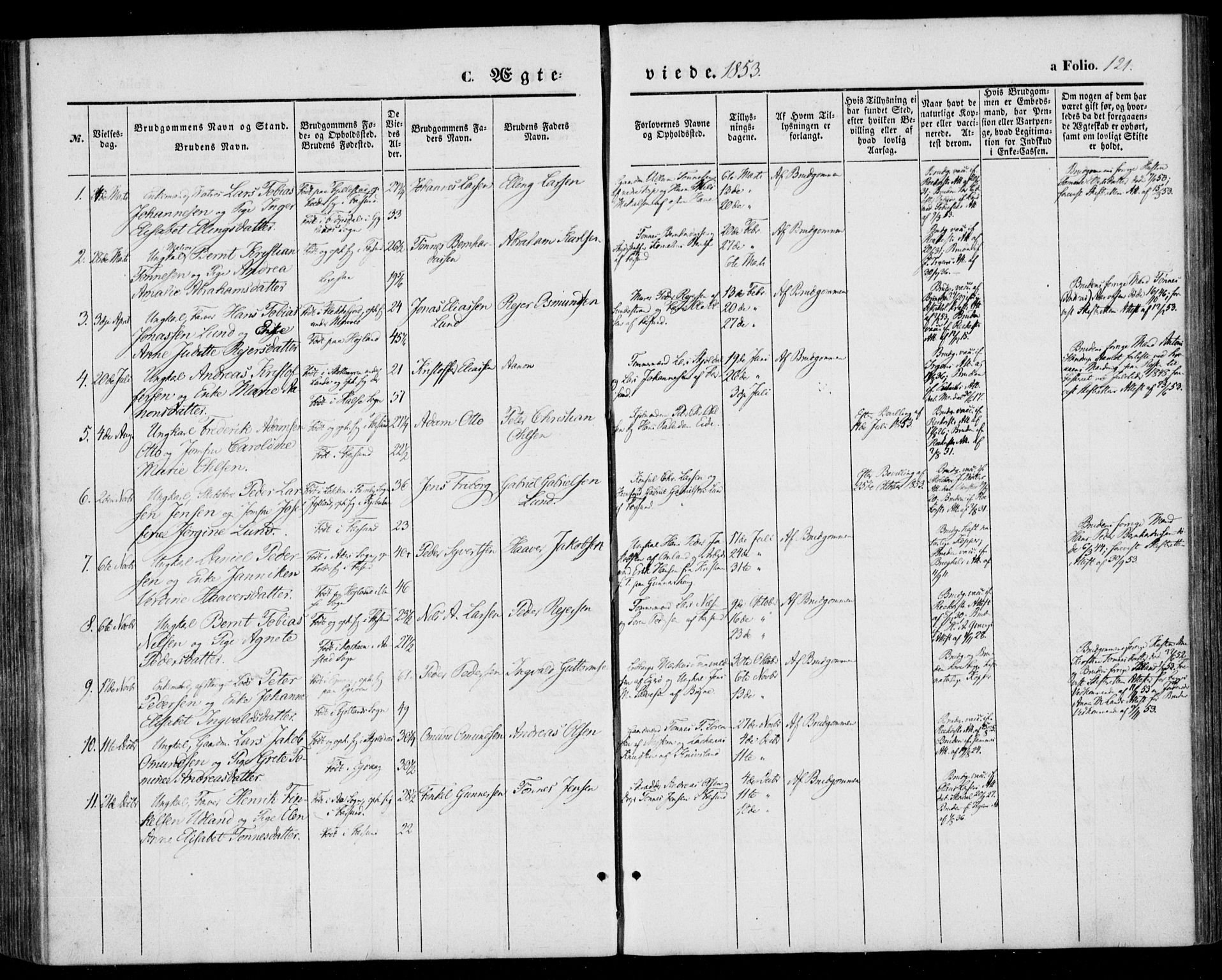 Farsund sokneprestkontor, SAK/1111-0009/F/Fa/L0004: Parish register (official) no. A 4, 1847-1863, p. 121