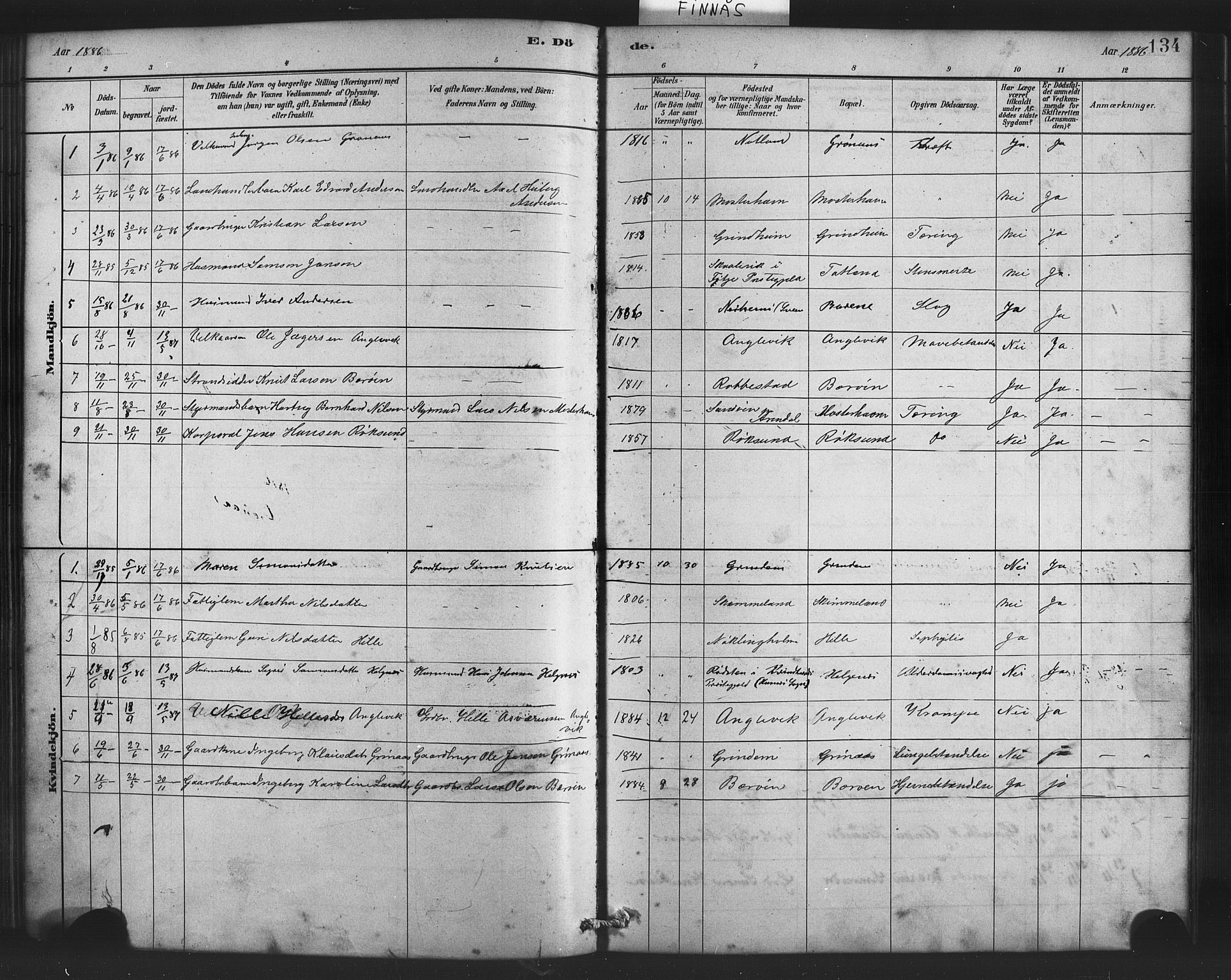 Finnås sokneprestembete, AV/SAB-A-99925/H/Ha/Haa/Haab/L0001: Parish register (official) no. B 1, 1881-1894, p. 134