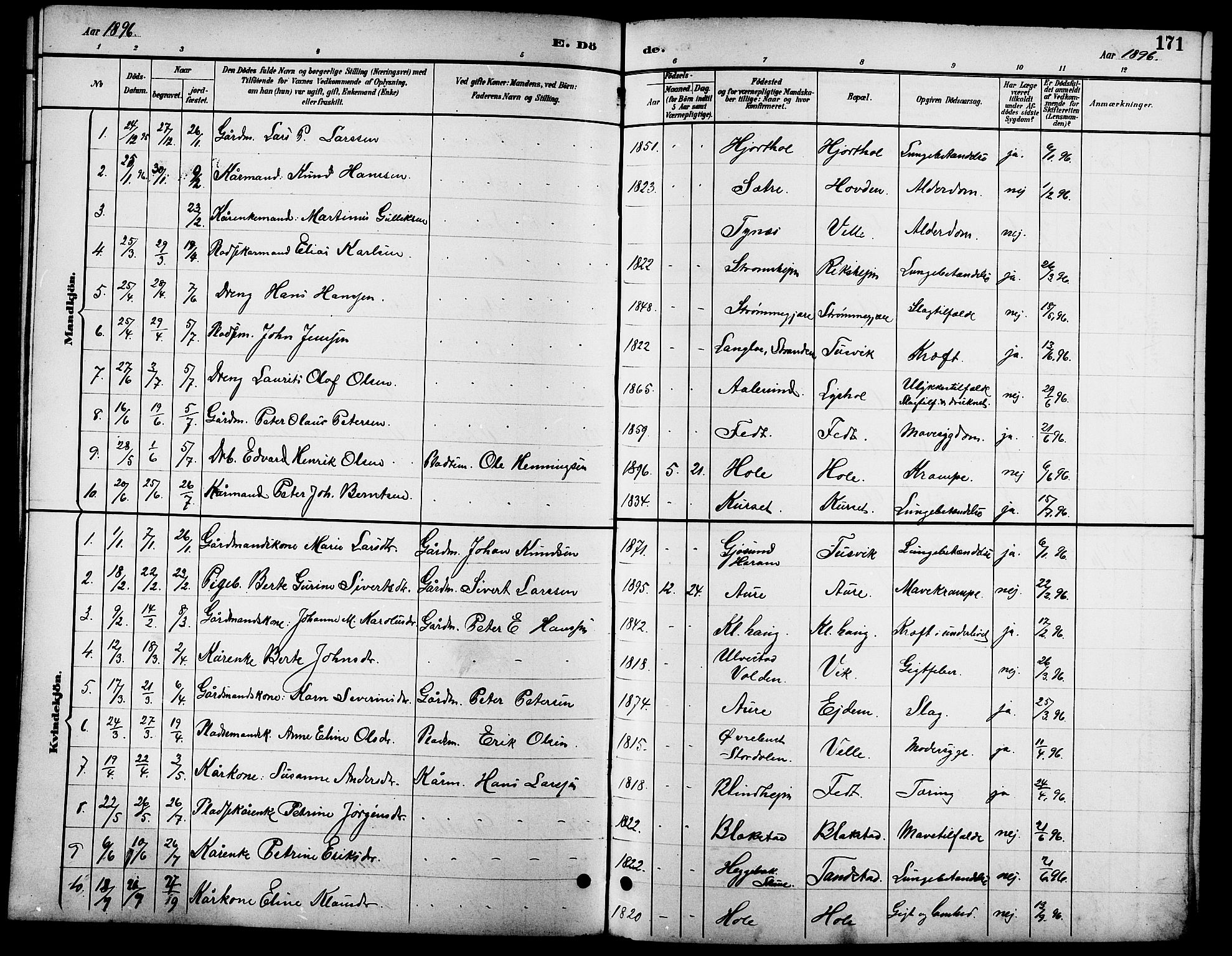 Ministerialprotokoller, klokkerbøker og fødselsregistre - Møre og Romsdal, AV/SAT-A-1454/523/L0340: Parish register (copy) no. 523C03, 1892-1902, p. 171