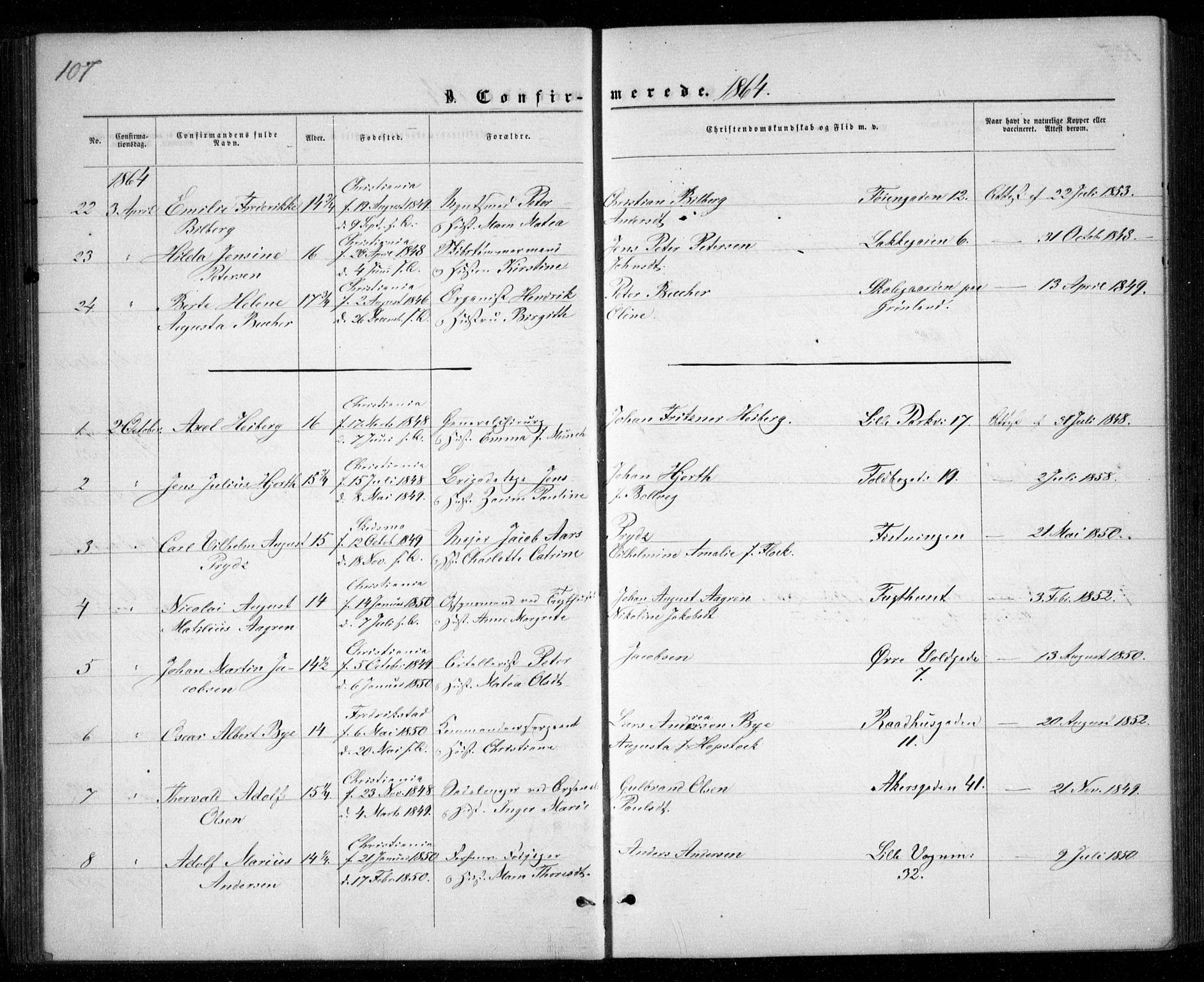 Garnisonsmenigheten Kirkebøker, SAO/A-10846/G/Ga/L0006: Parish register (copy) no. 6, 1860-1880, p. 107