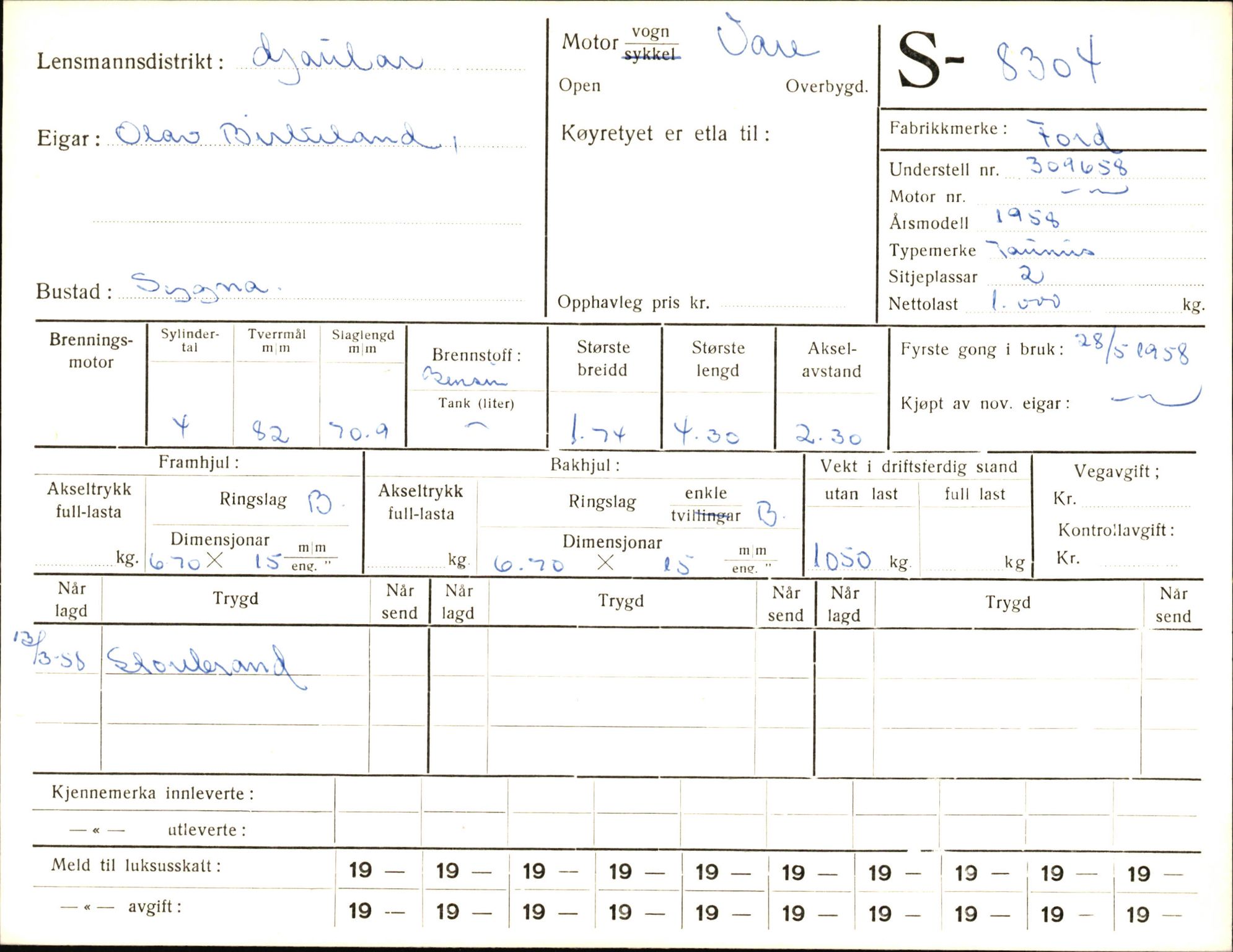 Statens vegvesen, Sogn og Fjordane vegkontor, AV/SAB-A-5301/4/F/L0006: Registerkort utmeldte Fjordane S8300-9500, 1930-1961, p. 8