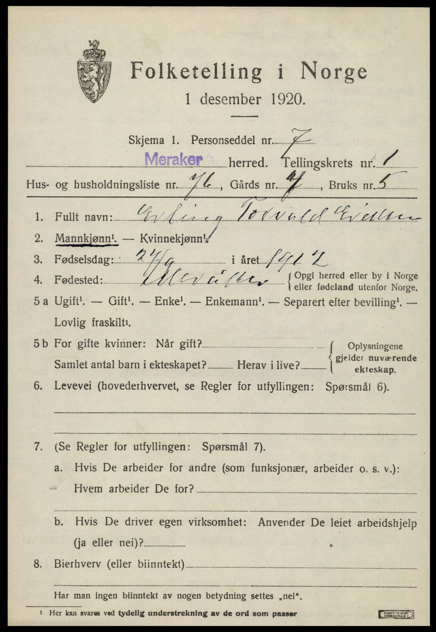 SAT, 1920 census for Meråker, 1920, p. 1730