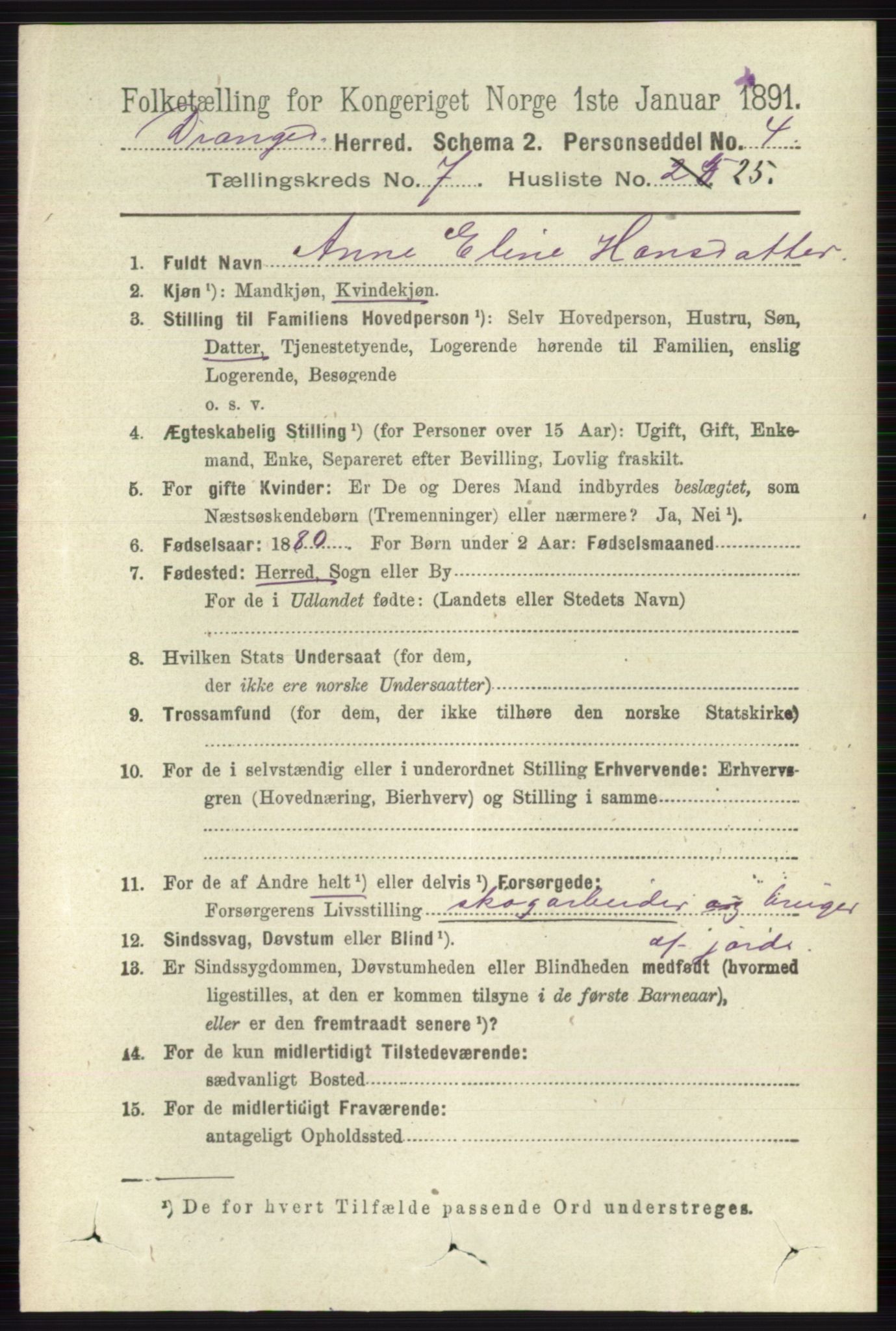 RA, 1891 census for 0817 Drangedal, 1891, p. 2568