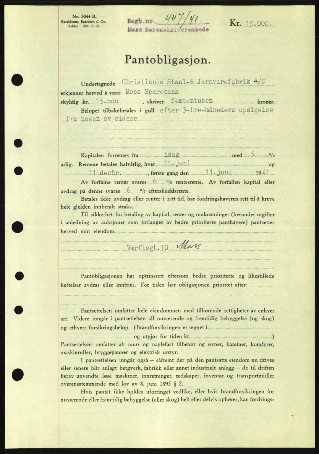 Moss sorenskriveri, SAO/A-10168: Mortgage book no. B10, 1940-1941, Diary no: : 447/1941