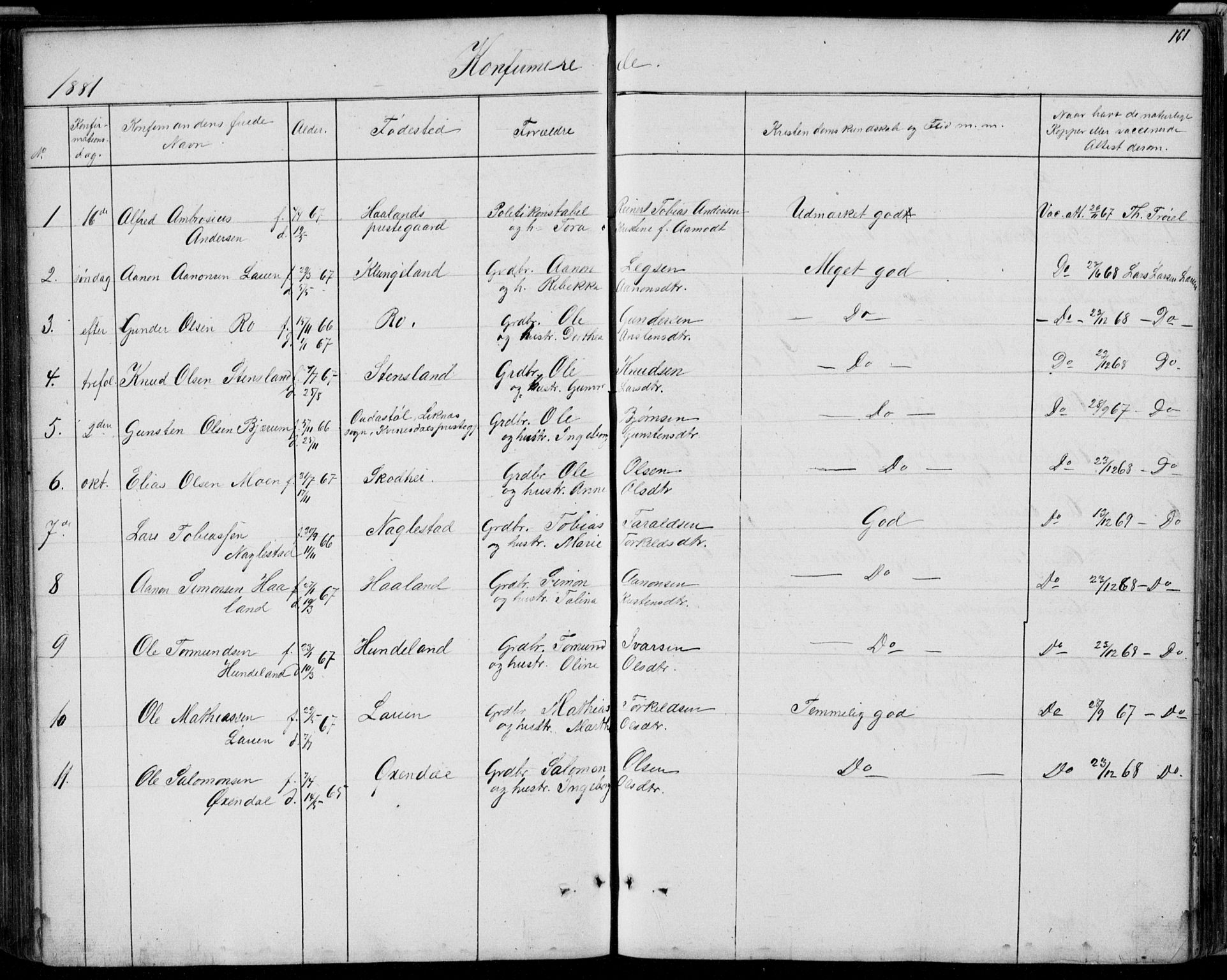 Hægebostad sokneprestkontor, SAK/1111-0024/F/Fb/Fba/L0002: Parish register (copy) no. B 2, 1851-1882, p. 161