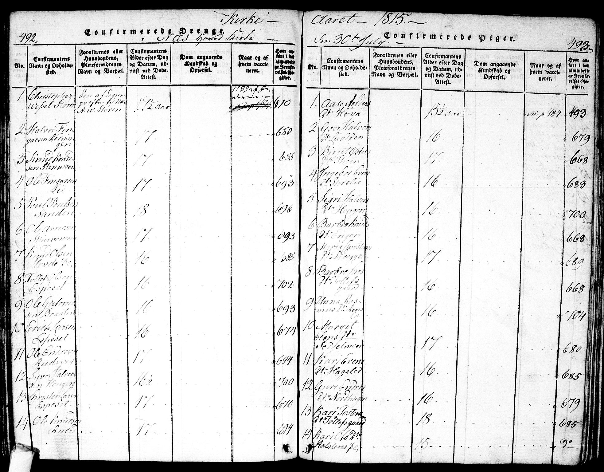 Nes kirkebøker, AV/SAKO-A-236/F/Fa/L0007: Parish register (official) no. 7, 1815-1823, p. 492-493