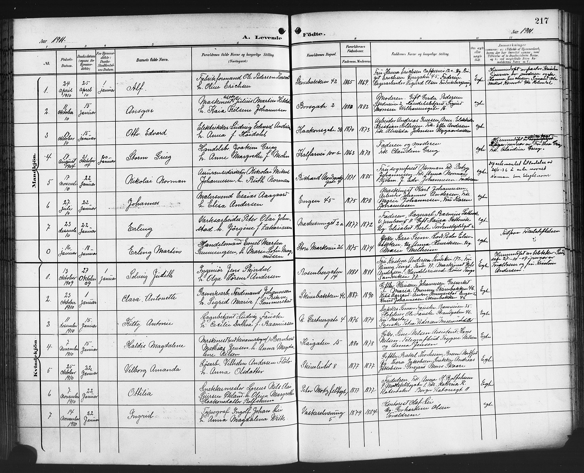 Domkirken sokneprestembete, SAB/A-74801/H/Hab/L0017: Parish register (copy) no. B 10, 1900-1915, p. 217