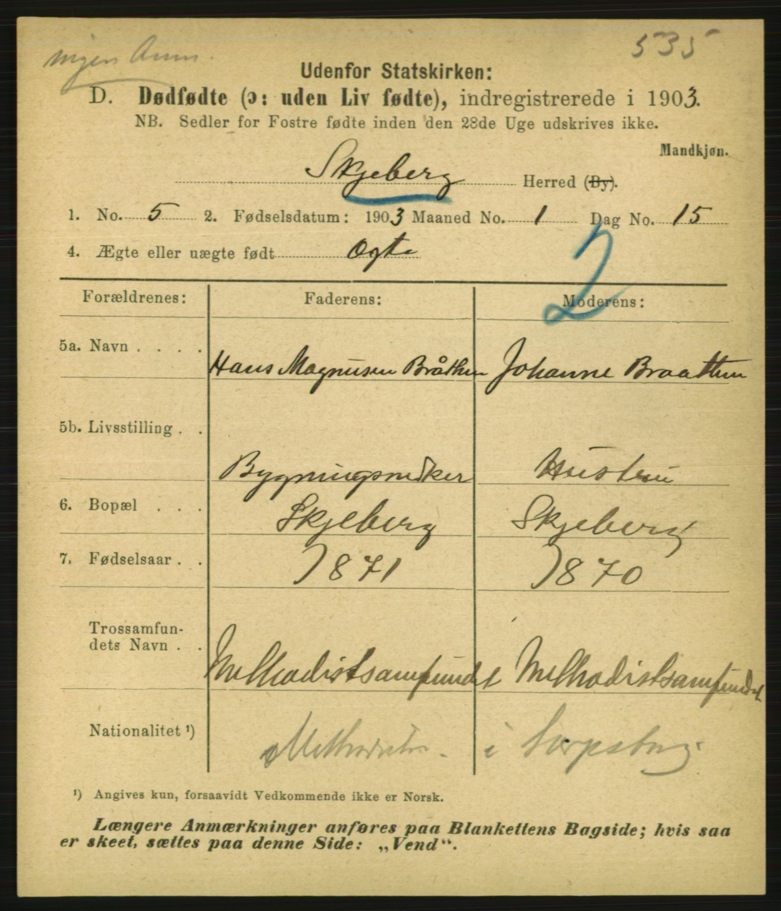 Statistisk sentralbyrå, Sosiodemografiske emner, Befolkning, AV/RA-S-2228/E/L0001: Fødte, gifte, døde dissentere., 1903, p. 3149