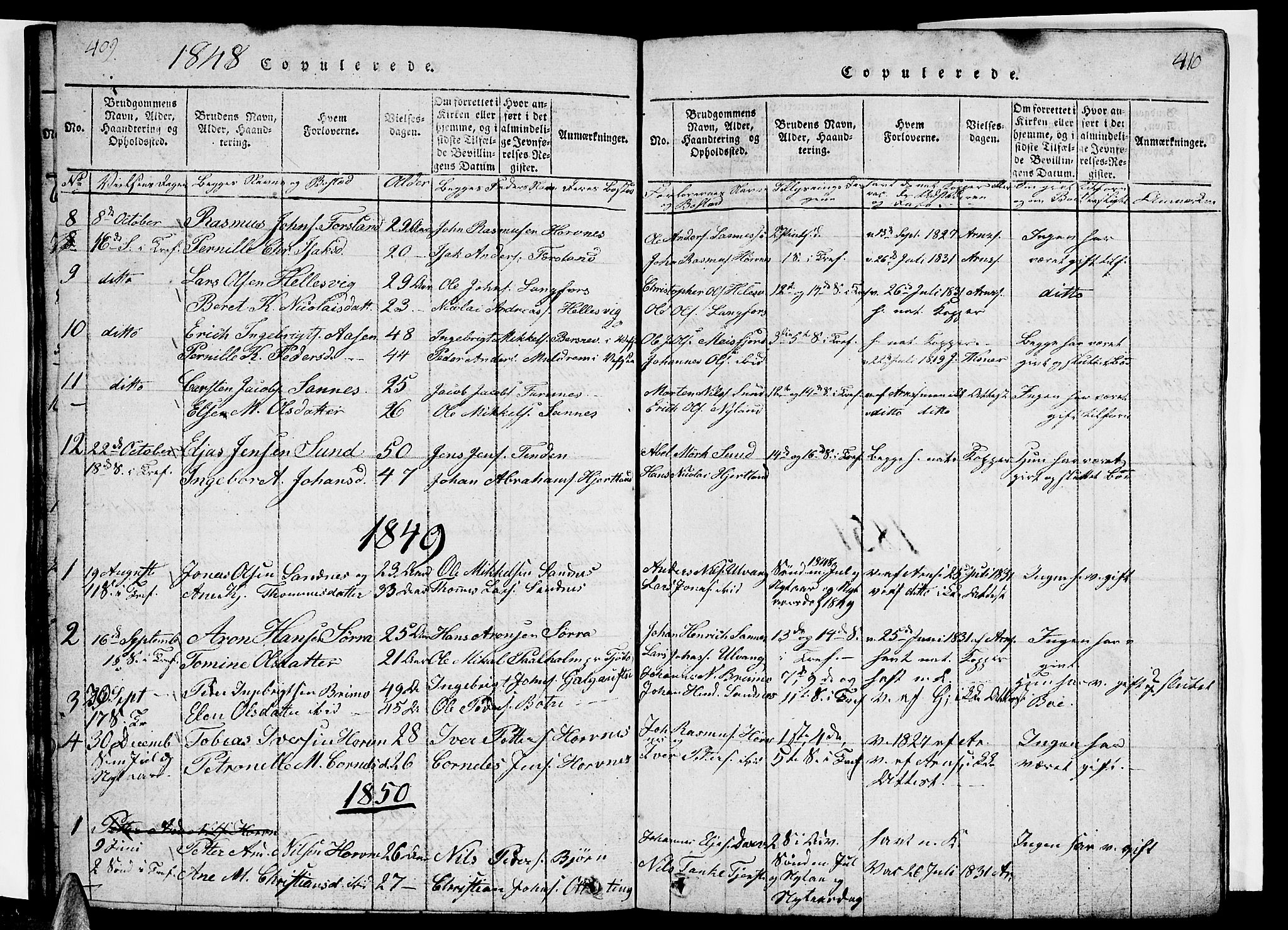 Ministerialprotokoller, klokkerbøker og fødselsregistre - Nordland, AV/SAT-A-1459/831/L0474: Parish register (copy) no. 831C01, 1820-1850, p. 409-410