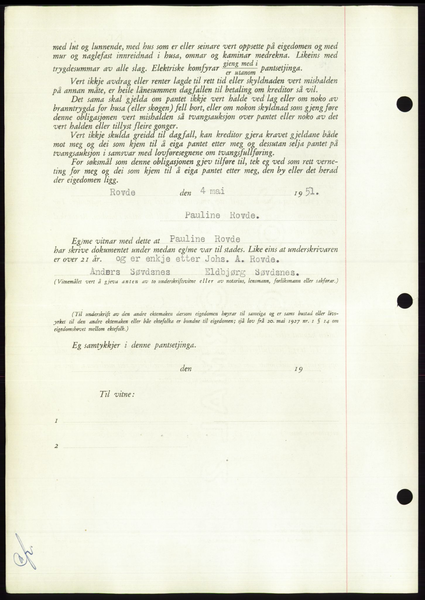 Søre Sunnmøre sorenskriveri, AV/SAT-A-4122/1/2/2C/L0120: Mortgage book no. 8B, 1951-1951, Diary no: : 850/1951