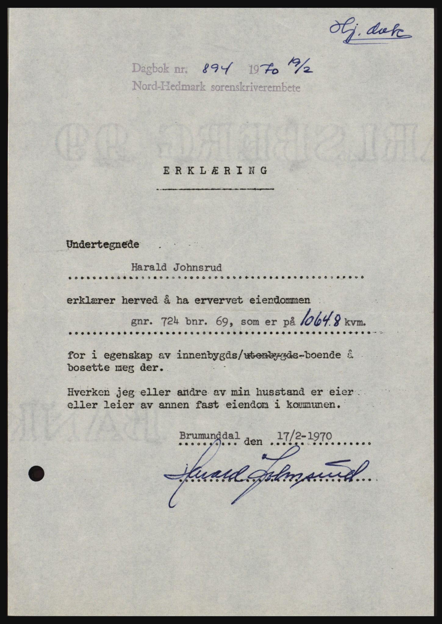 Nord-Hedmark sorenskriveri, SAH/TING-012/H/Hc/L0033: Mortgage book no. 33, 1970-1970, Diary no: : 894/1970