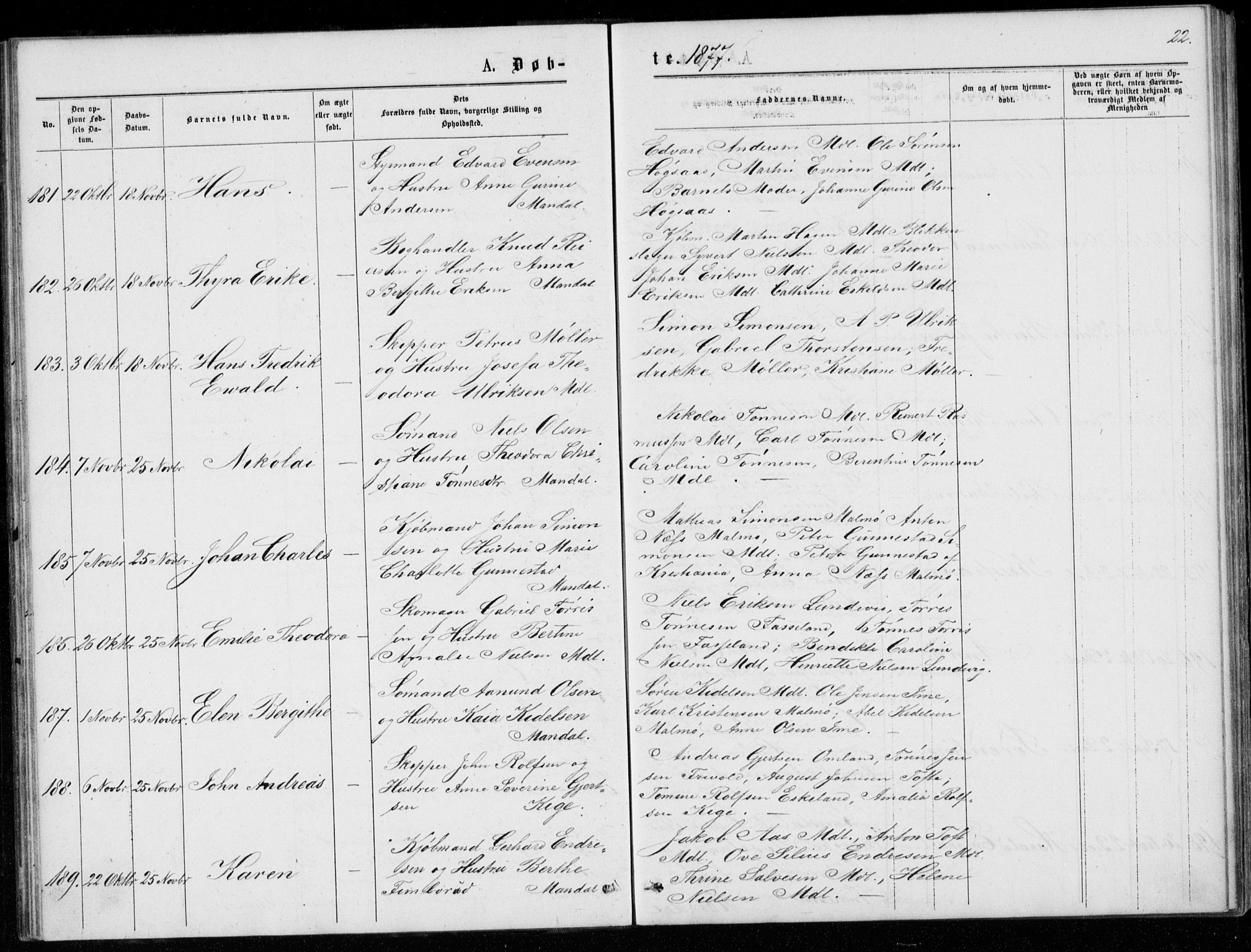 Mandal sokneprestkontor, AV/SAK-1111-0030/F/Fb/Fba/L0010: Parish register (copy) no. B 4, 1876-1880, p. 22