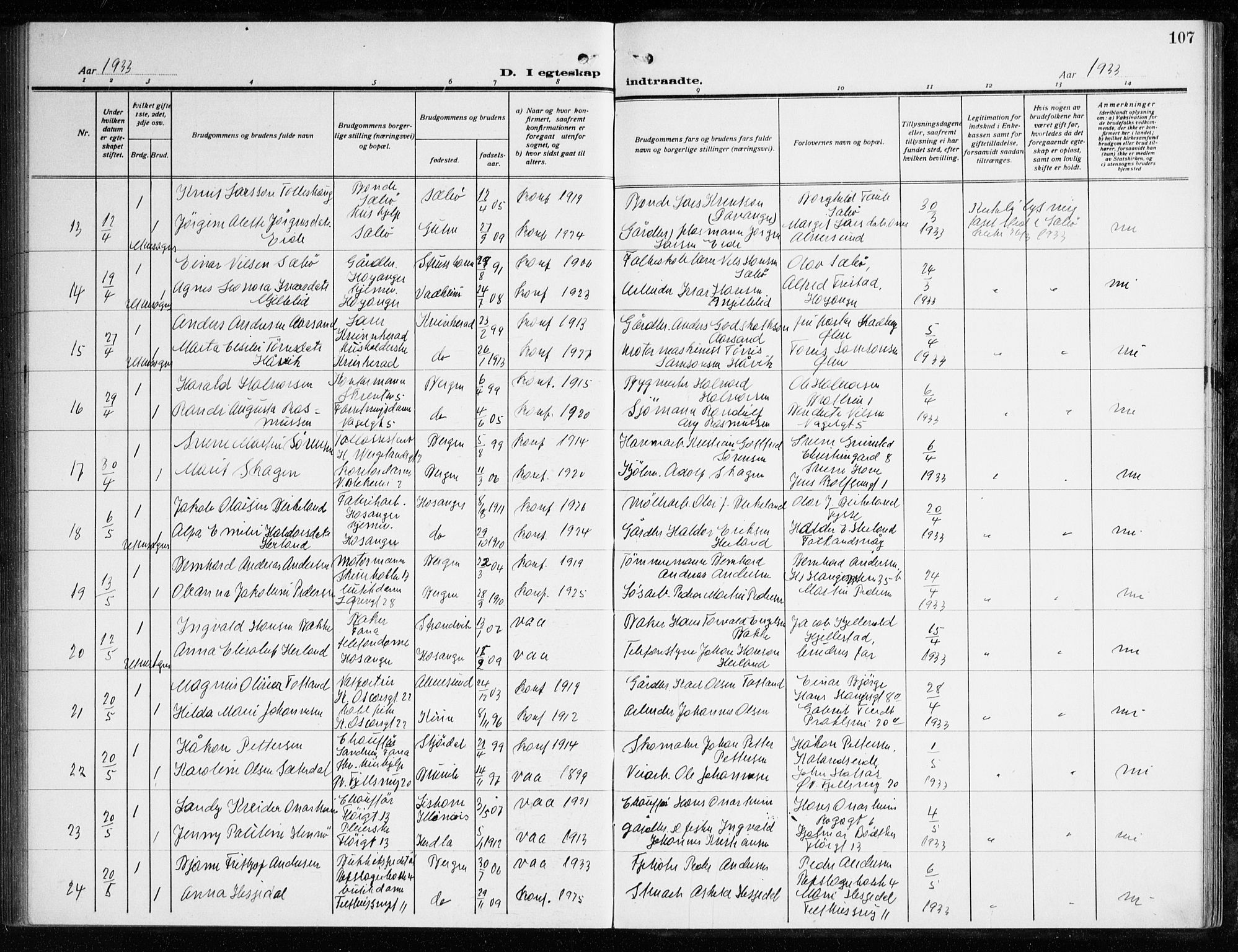 Korskirken sokneprestembete, AV/SAB-A-76101/H/Haa/L0039: Parish register (official) no. D 6, 1919-1938, p. 107