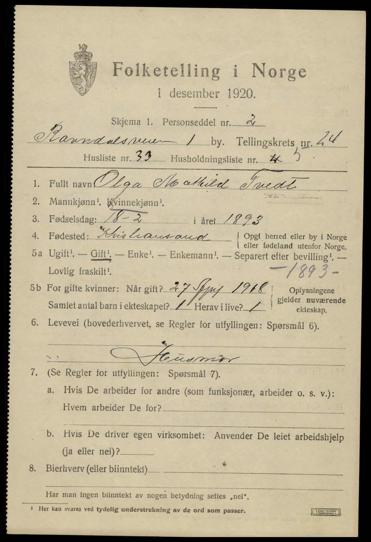 SAK, 1920 census for Kristiansand, 1920, p. 42795