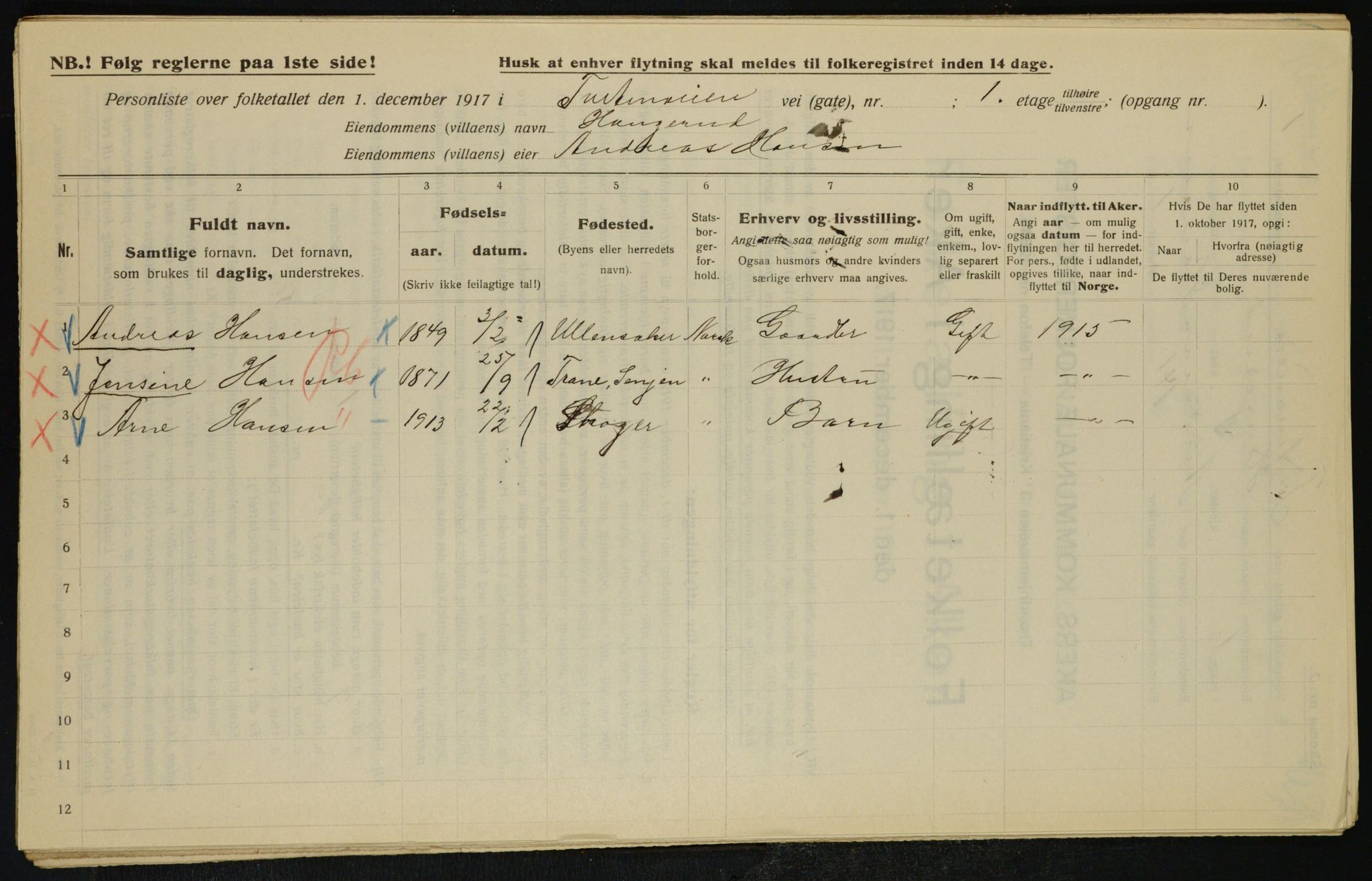 OBA, Municipal Census 1917 for Aker, 1917, p. 27285