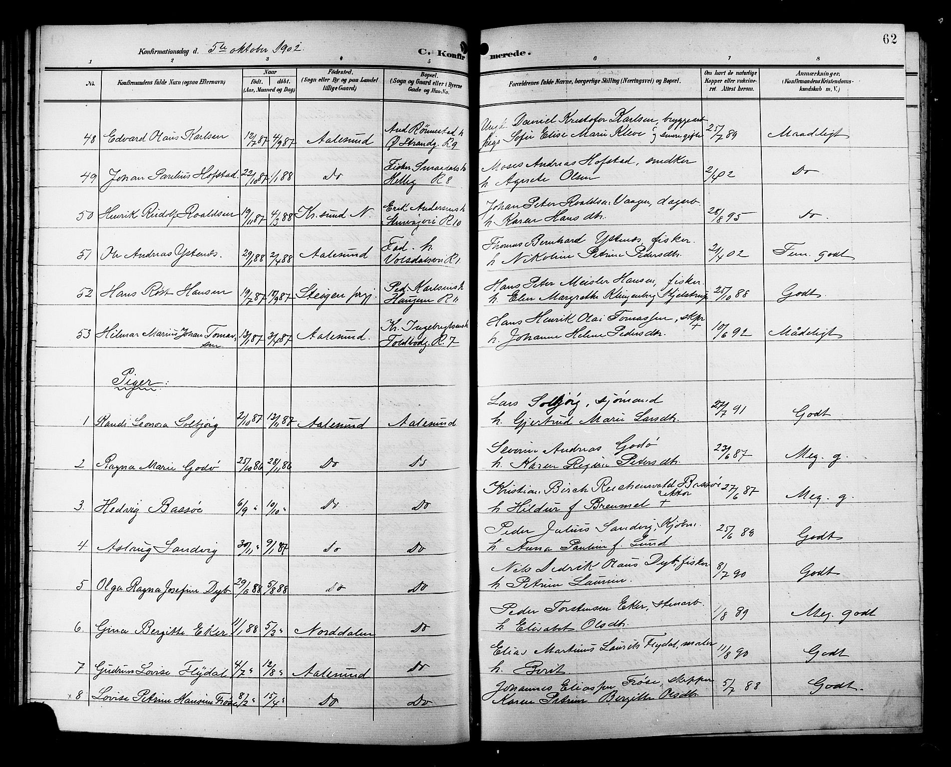 Ministerialprotokoller, klokkerbøker og fødselsregistre - Møre og Romsdal, AV/SAT-A-1454/529/L0469: Parish register (copy) no. 529C06, 1898-1906, p. 62