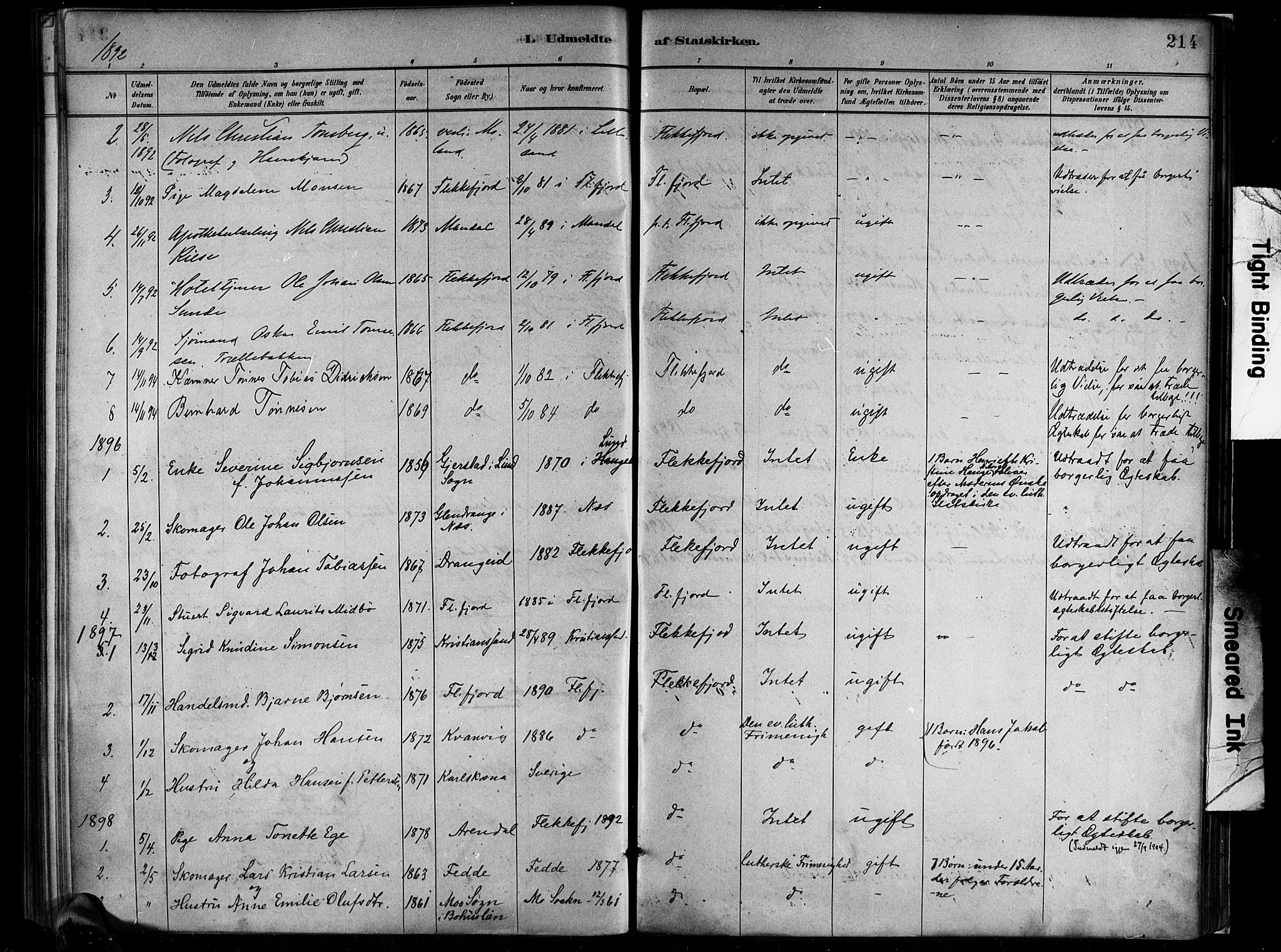 Flekkefjord sokneprestkontor, SAK/1111-0012/F/Fa/Faa/L0001: Parish register (official) no. A 1, 1885-1900, p. 214