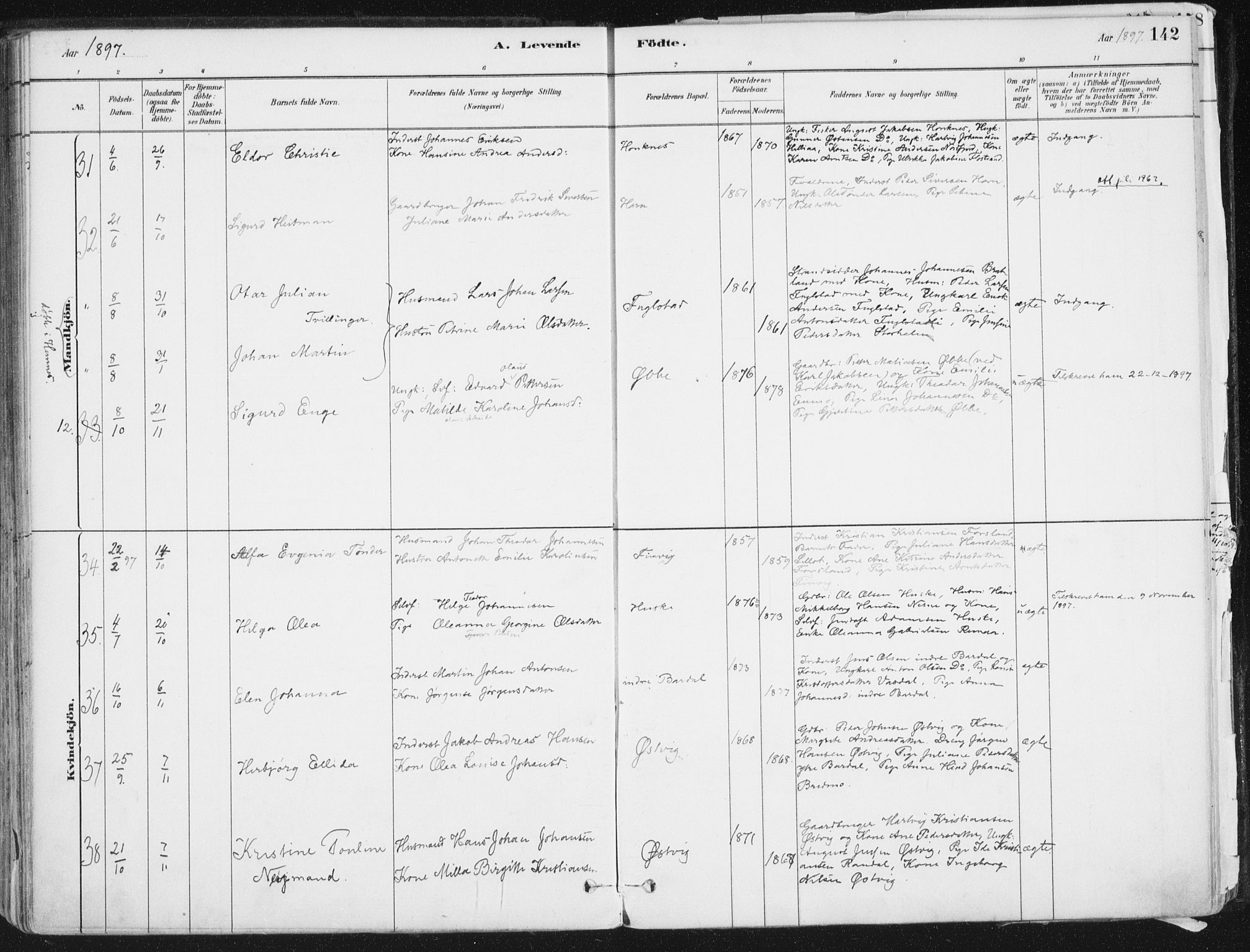 Ministerialprotokoller, klokkerbøker og fødselsregistre - Nordland, AV/SAT-A-1459/838/L0552: Parish register (official) no. 838A10, 1880-1910, p. 142