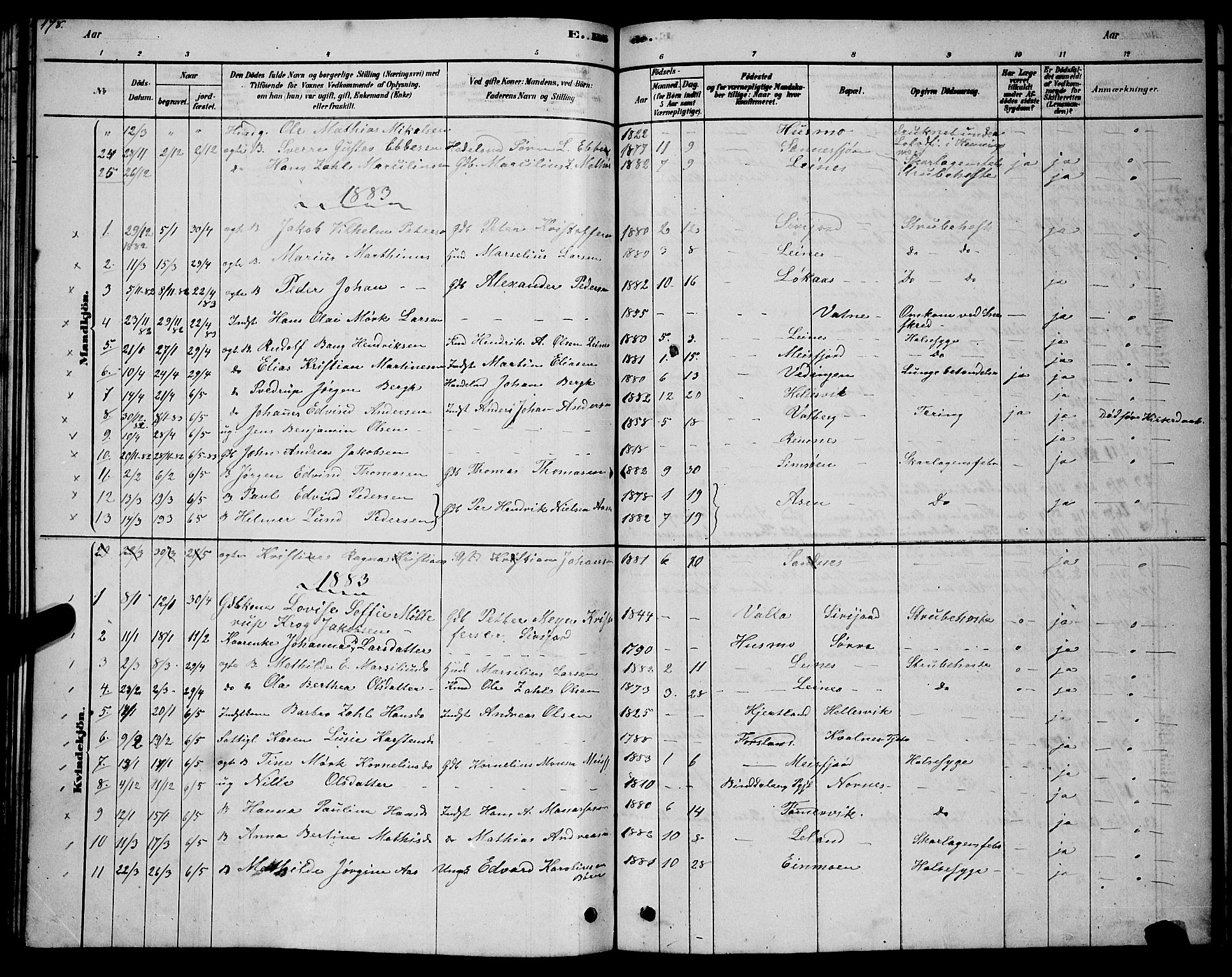 Ministerialprotokoller, klokkerbøker og fødselsregistre - Nordland, AV/SAT-A-1459/831/L0477: Parish register (copy) no. 831C04, 1878-1897, p. 178