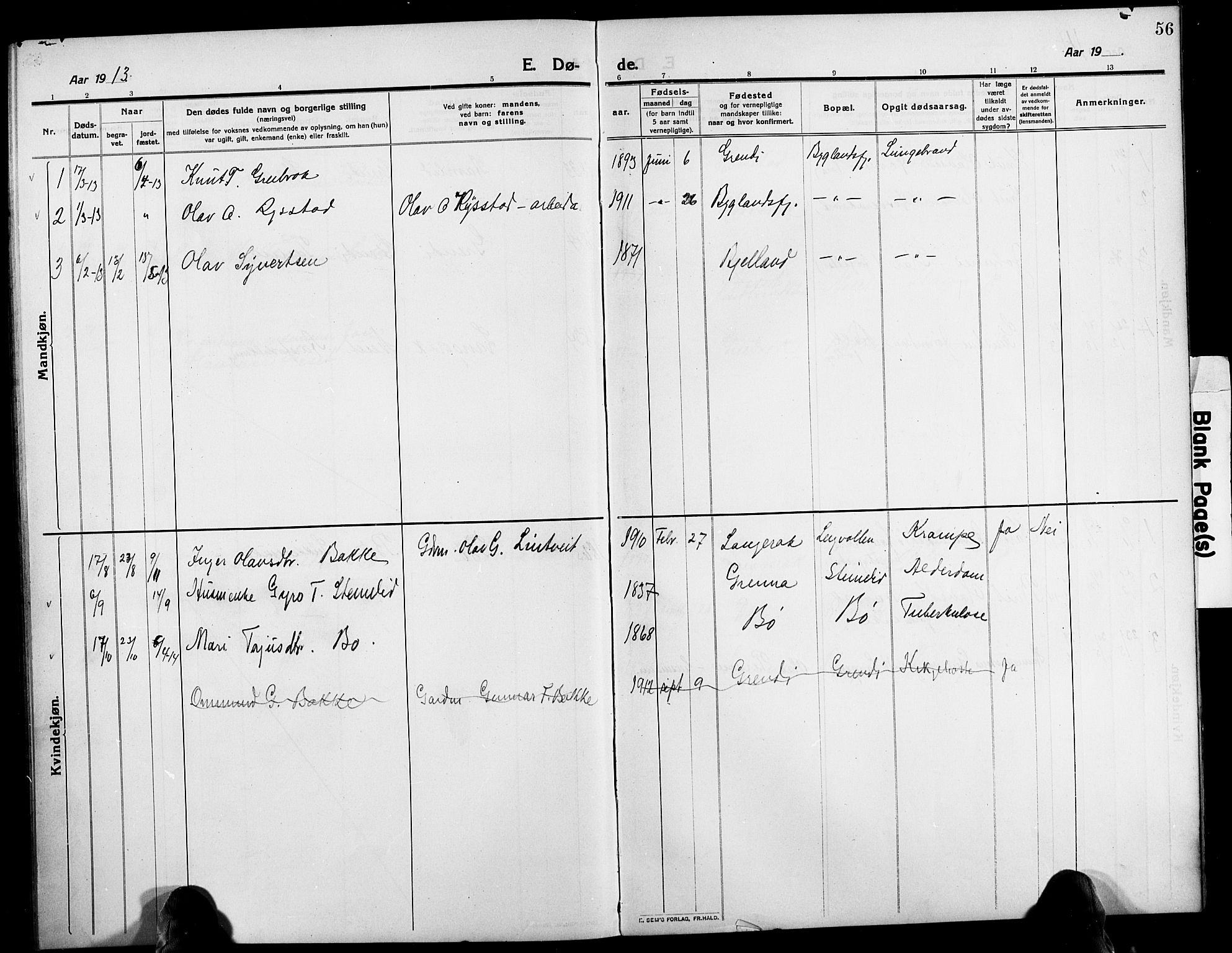 Bygland sokneprestkontor, AV/SAK-1111-0006/F/Fb/Fbd/L0003: Parish register (copy) no. B 3, 1910-1926, p. 56