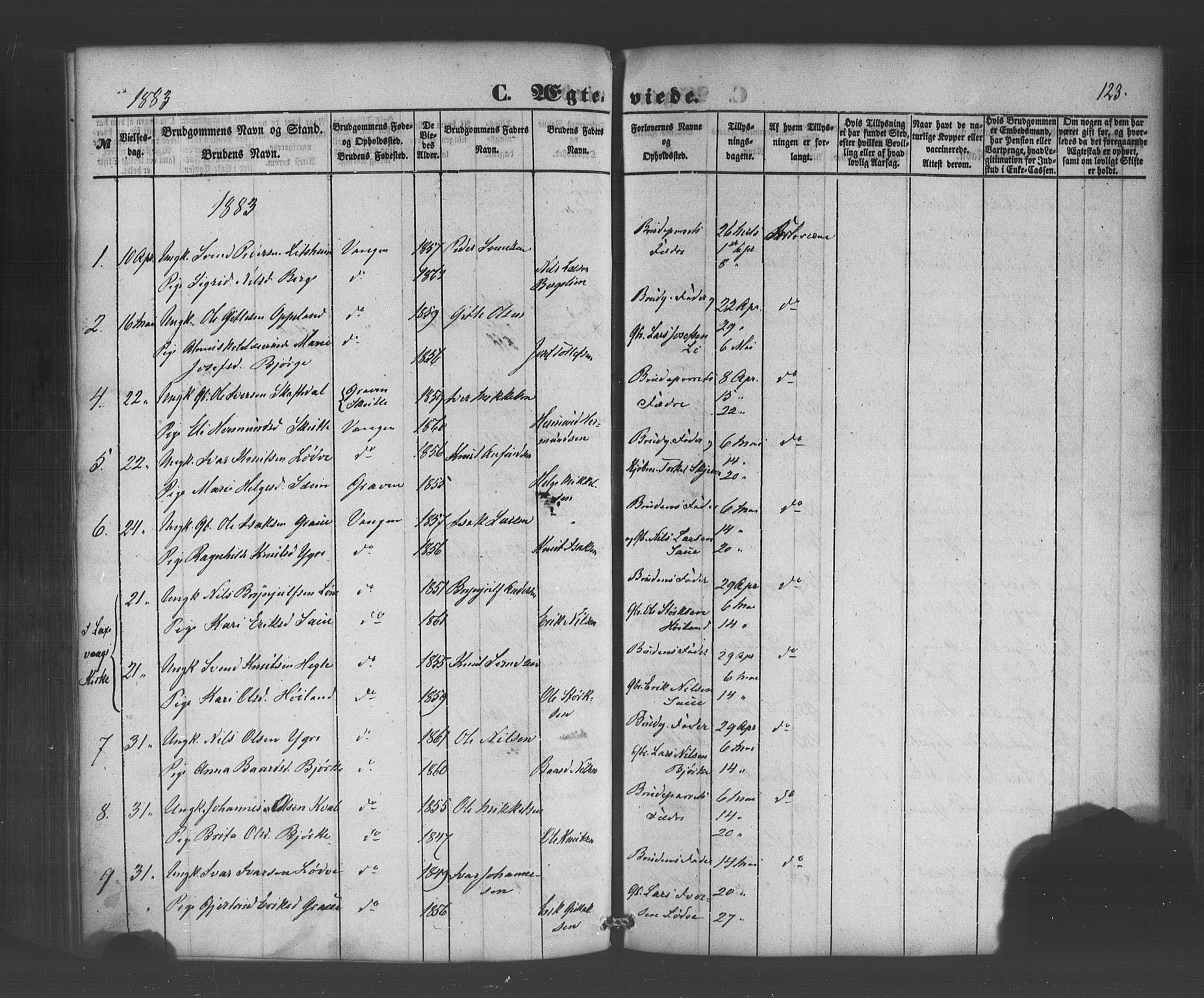 Voss sokneprestembete, AV/SAB-A-79001/H/Haa: Parish register (official) no. A 19, 1851-1886, p. 123