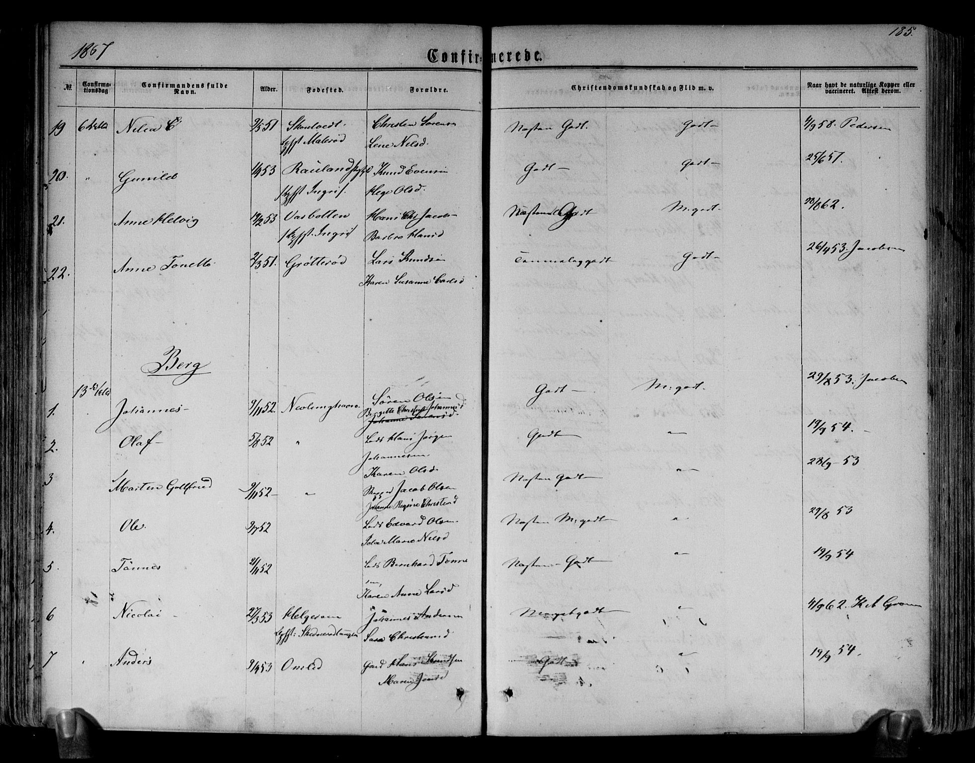 Brunlanes kirkebøker, AV/SAKO-A-342/F/Fa/L0005: Parish register (official) no. I 5, 1862-1877, p. 185