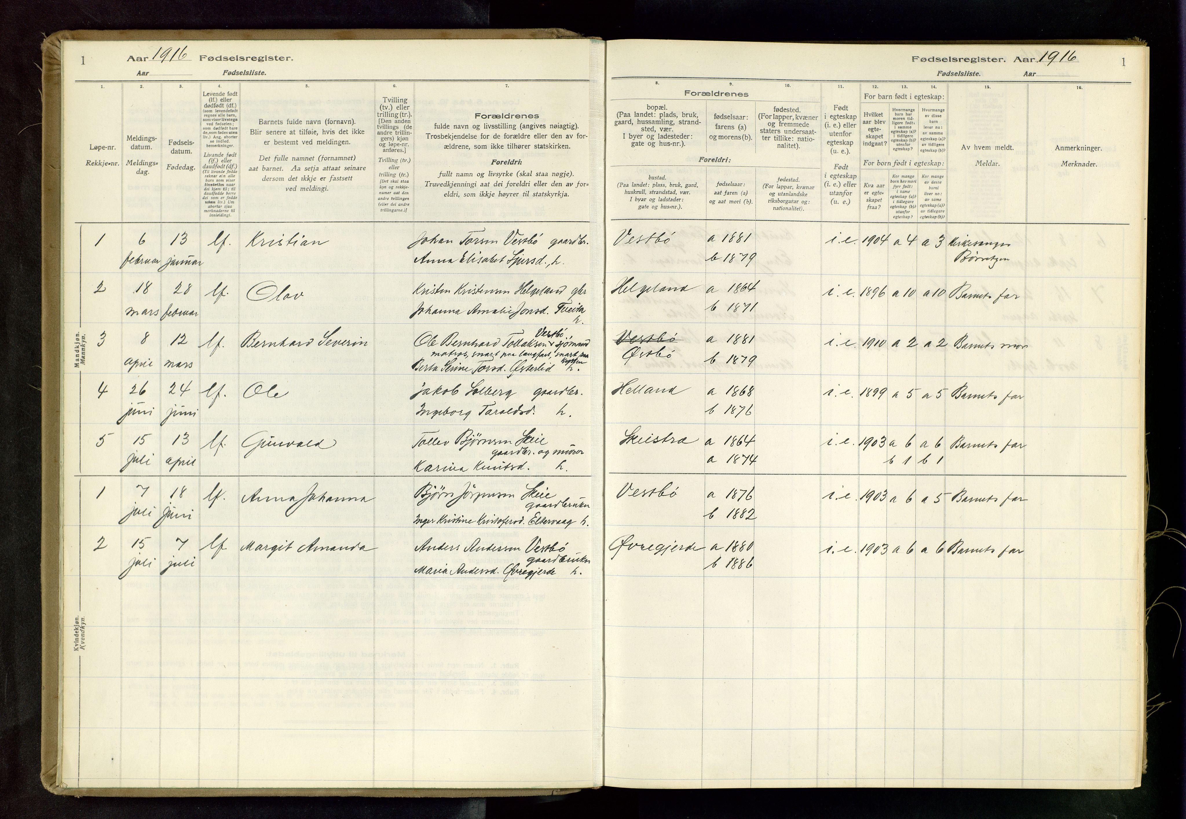 Vikedal sokneprestkontor, SAST/A-101840/01/II: Birth register no. 4, 1916-1982, p. 1