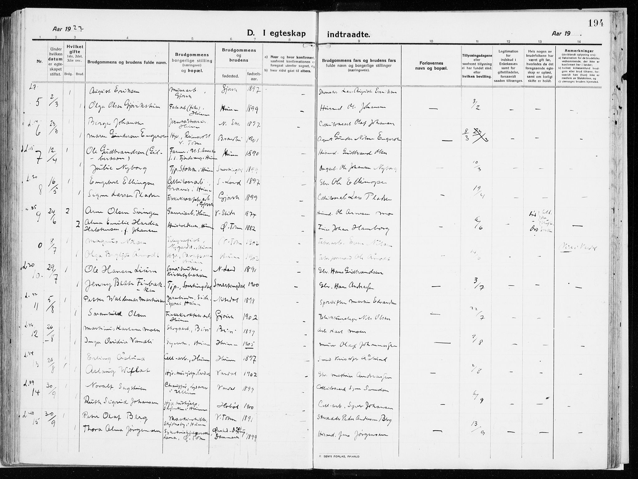 Vardal prestekontor, SAH/PREST-100/H/Ha/Haa/L0017: Parish register (official) no. 17, 1915-1929, p. 194