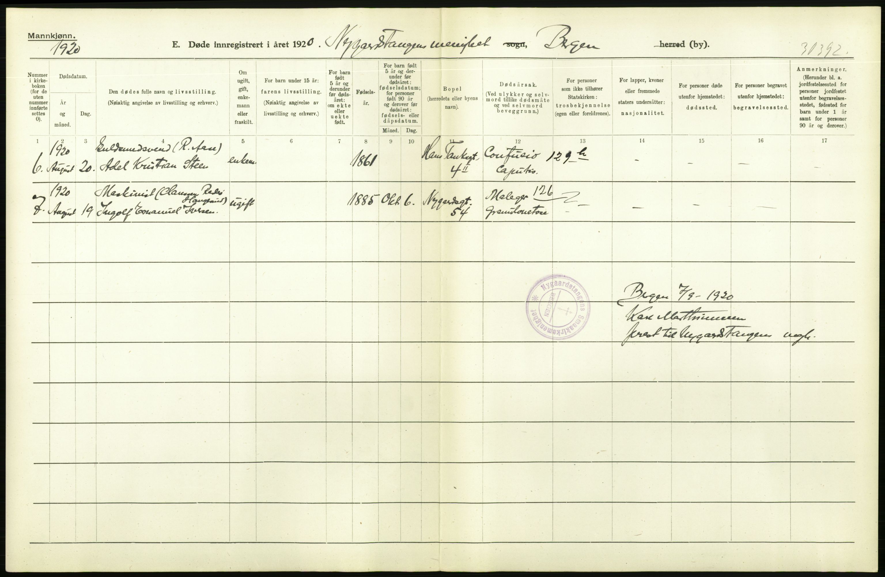 Statistisk sentralbyrå, Sosiodemografiske emner, Befolkning, AV/RA-S-2228/D/Df/Dfb/Dfbj/L0042: Bergen: Gifte, døde, dødfødte., 1920, p. 302