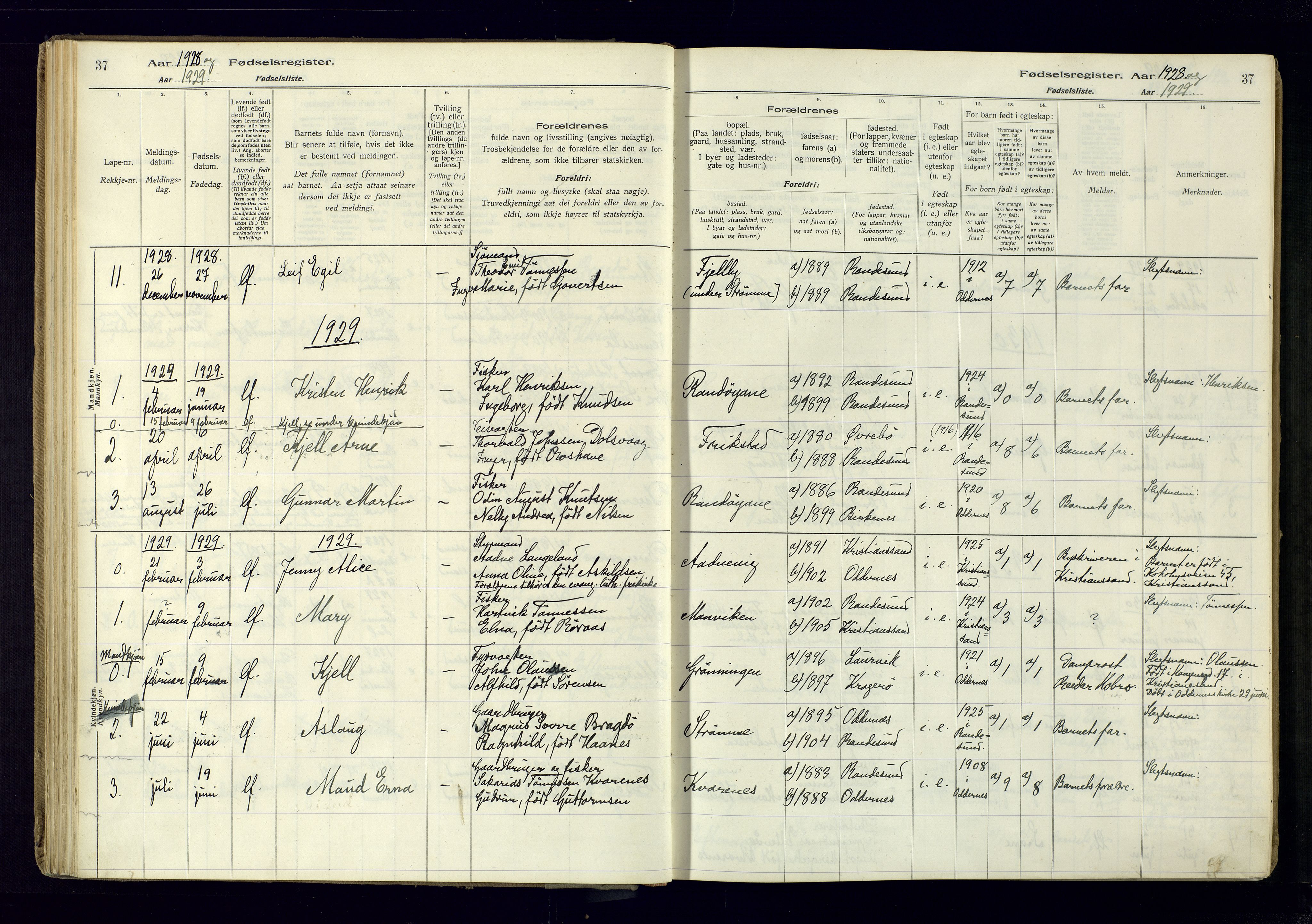 Oddernes sokneprestkontor, SAK/1111-0033/J/Ja/L0007: Birth register no. 7, 1916-1971, p. 37