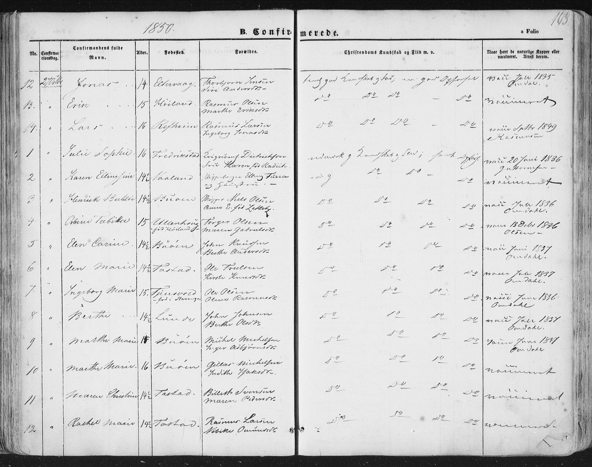 Hetland sokneprestkontor, AV/SAST-A-101826/30/30BA/L0002: Parish register (official) no. A 2, 1849-1869, p. 103