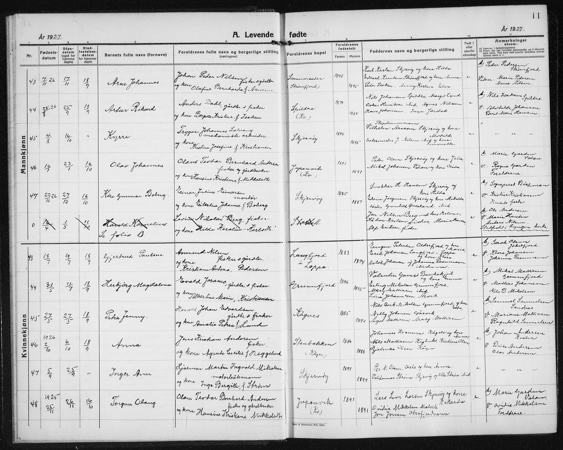 Skjervøy sokneprestkontor, AV/SATØ-S-1300/H/Ha/Hab/L0010klokker: Parish register (copy) no. 10, 1927-1941, p. 11