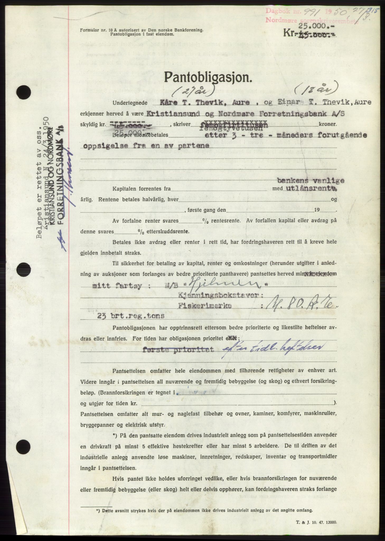 Nordmøre sorenskriveri, AV/SAT-A-4132/1/2/2Ca: Mortgage book no. B104, 1950-1950, Diary no: : 991/1950