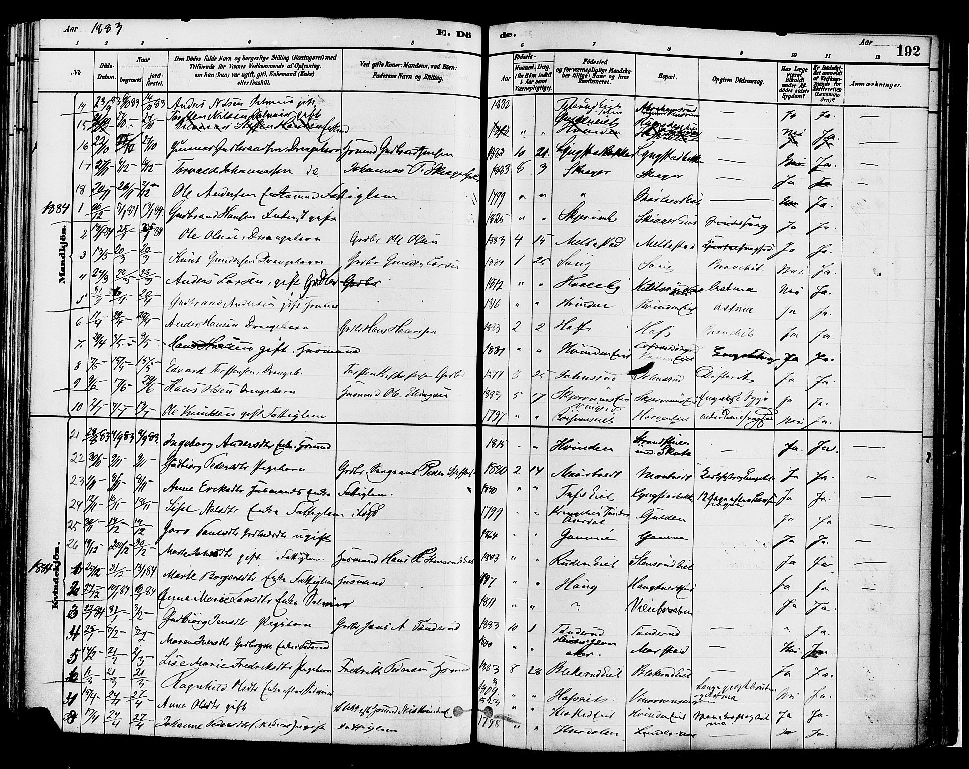 Gran prestekontor, SAH/PREST-112/H/Ha/Haa/L0014: Parish register (official) no. 14, 1880-1889, p. 192