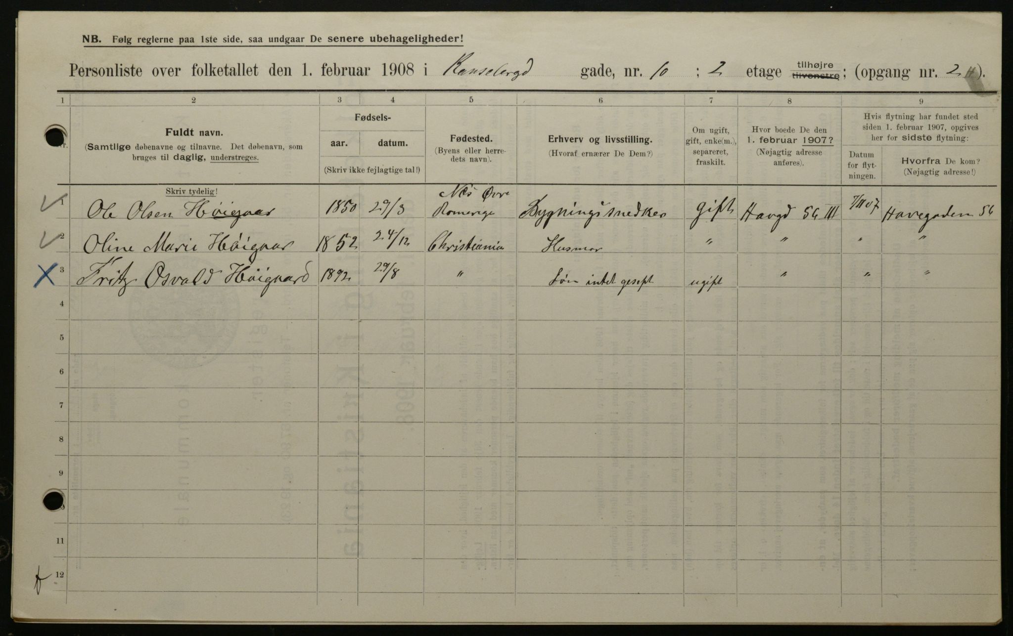 OBA, Municipal Census 1908 for Kristiania, 1908, p. 43013