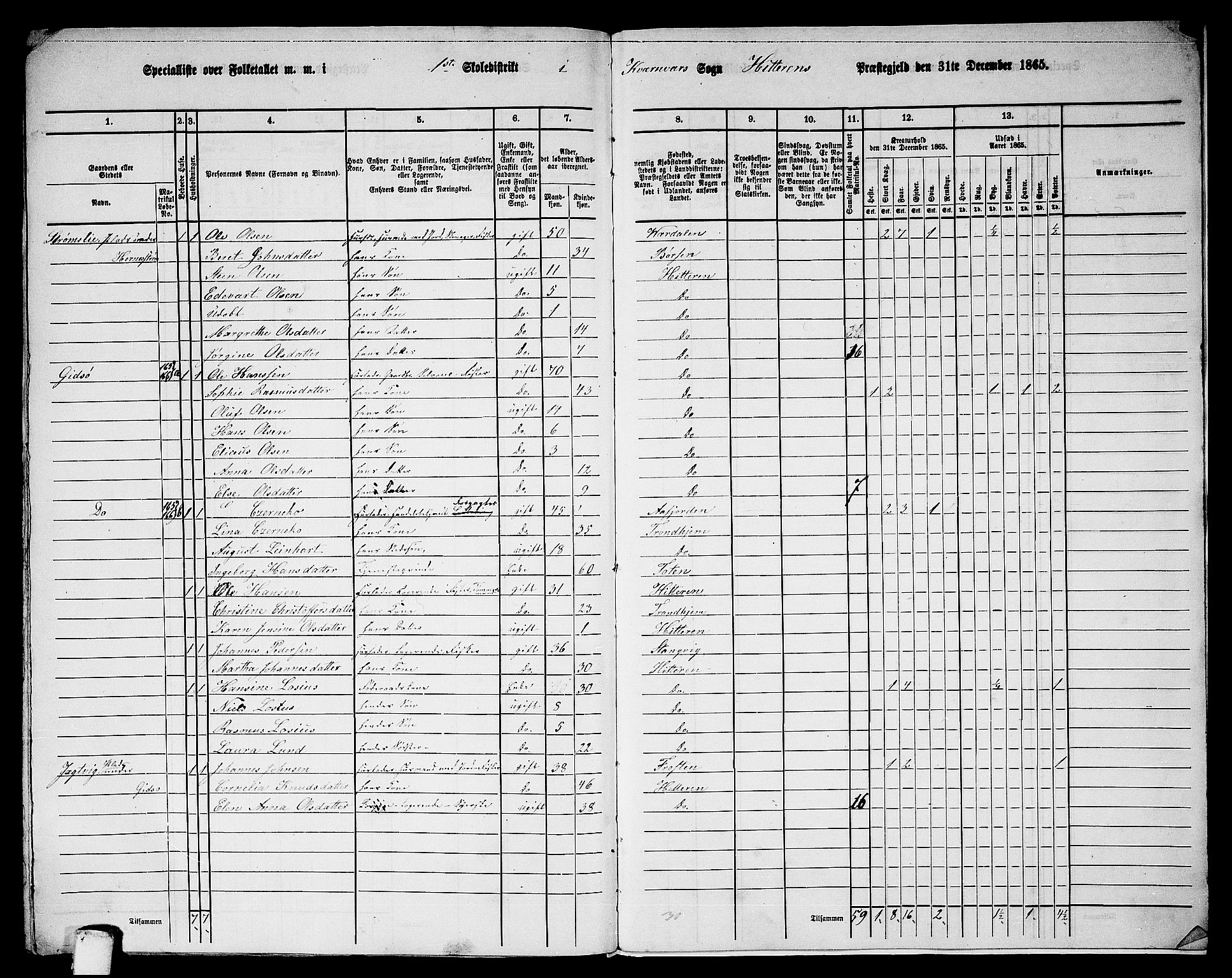 RA, 1865 census for Hitra, 1865, p. 309