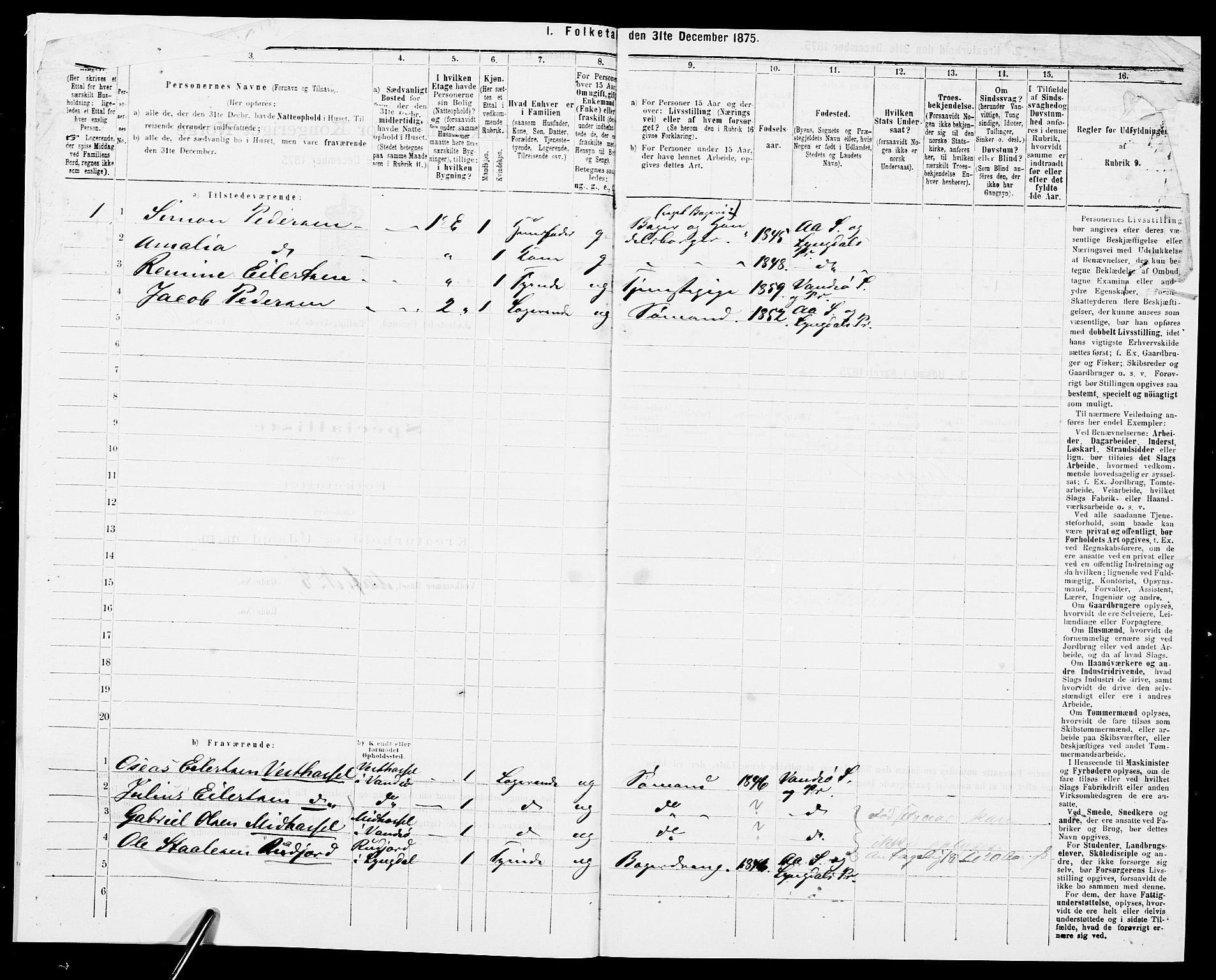 SAK, 1875 census for 1003B Vanse/Farsund, 1875, p. 19